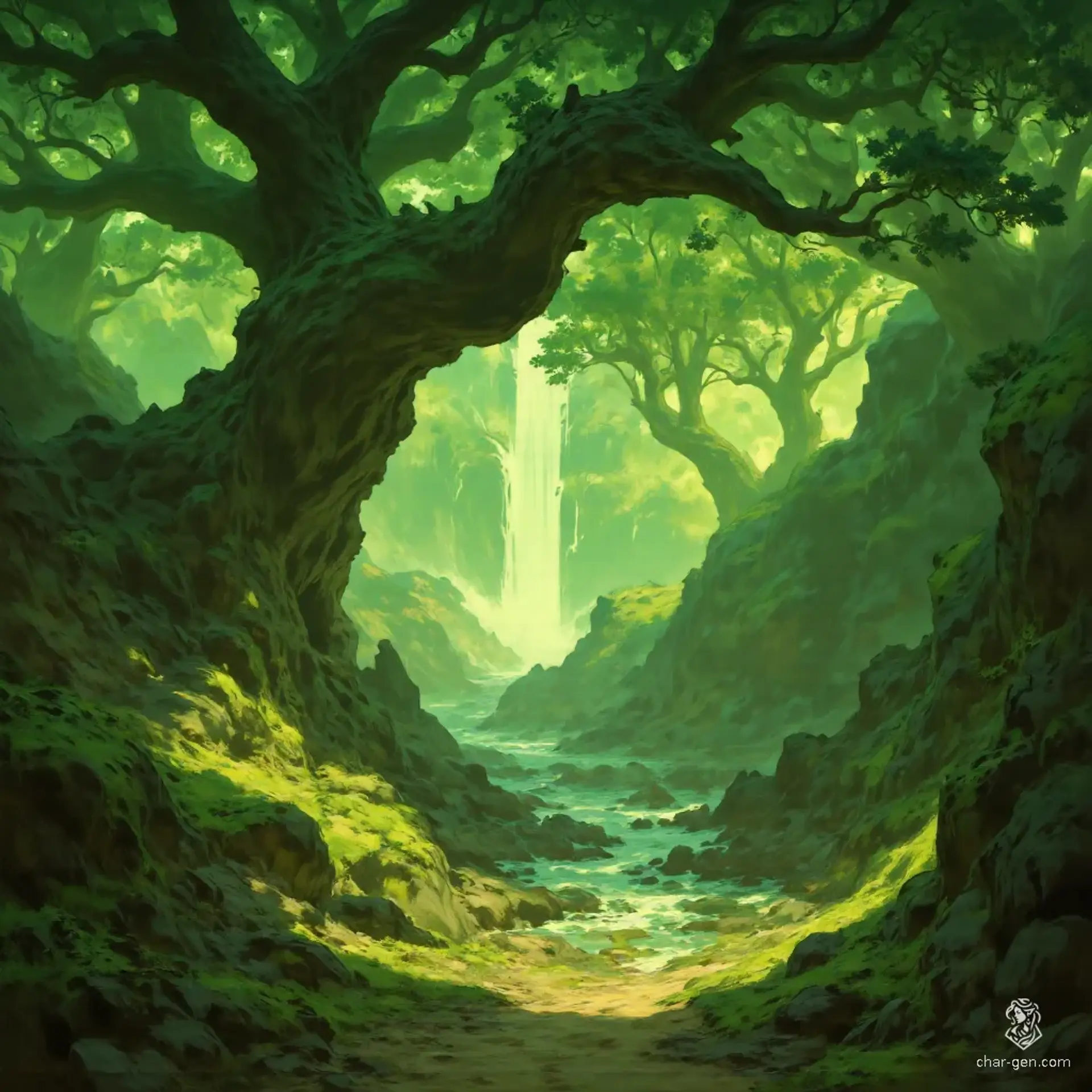 In a vibrant medieval forest, towering oak and pine trees create a dense canopy overhead, filtering dappled sunlight onto a fern-covered floor. A winding dirt road meanders through this enchanted realm, while a babbling brook sparkles under a soft, luminous glow, wrapping the landscape in a mystical ambiance.