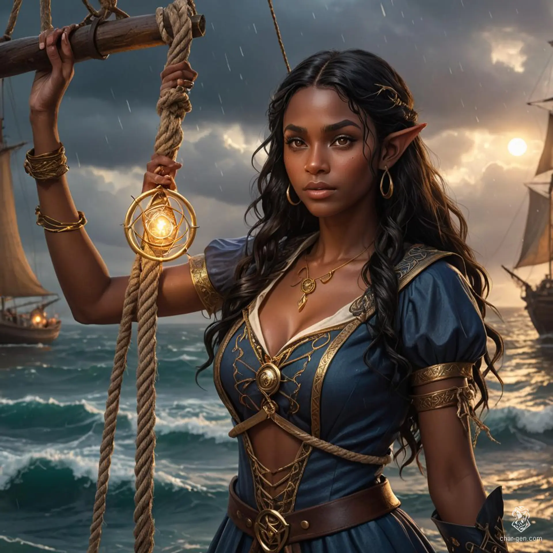 Amidst a tempest, this elf sorcerer combines the raw strength of a sailor with the mystery of magic. Adorned in peasant clothes and enchanted garments marked with arcane sigils, her dark skin and long black hair whip around her as she commands the stormy seas, her brown eyes sparking with lightning, a palpable aura of magic radiating from her.