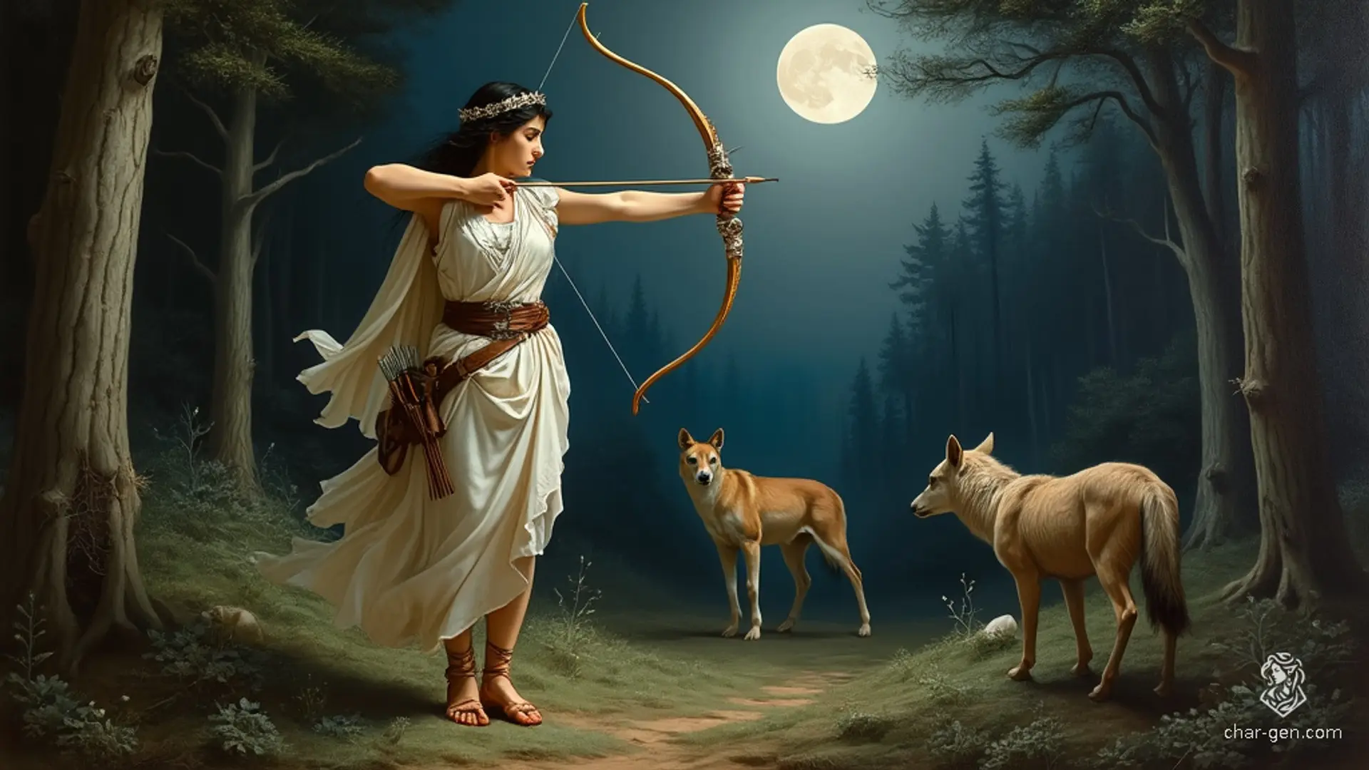 Artemis, a poised and graceful elven ranger, stands ready to release an arrow from her intricately crafted ivory bow. With jet-black hair knotted elegantly, she exudes strength and fluidity. Her alabaster skin glows in the moonlight, complemented by a white Grecian chiton adorned with symbols of the hunt.