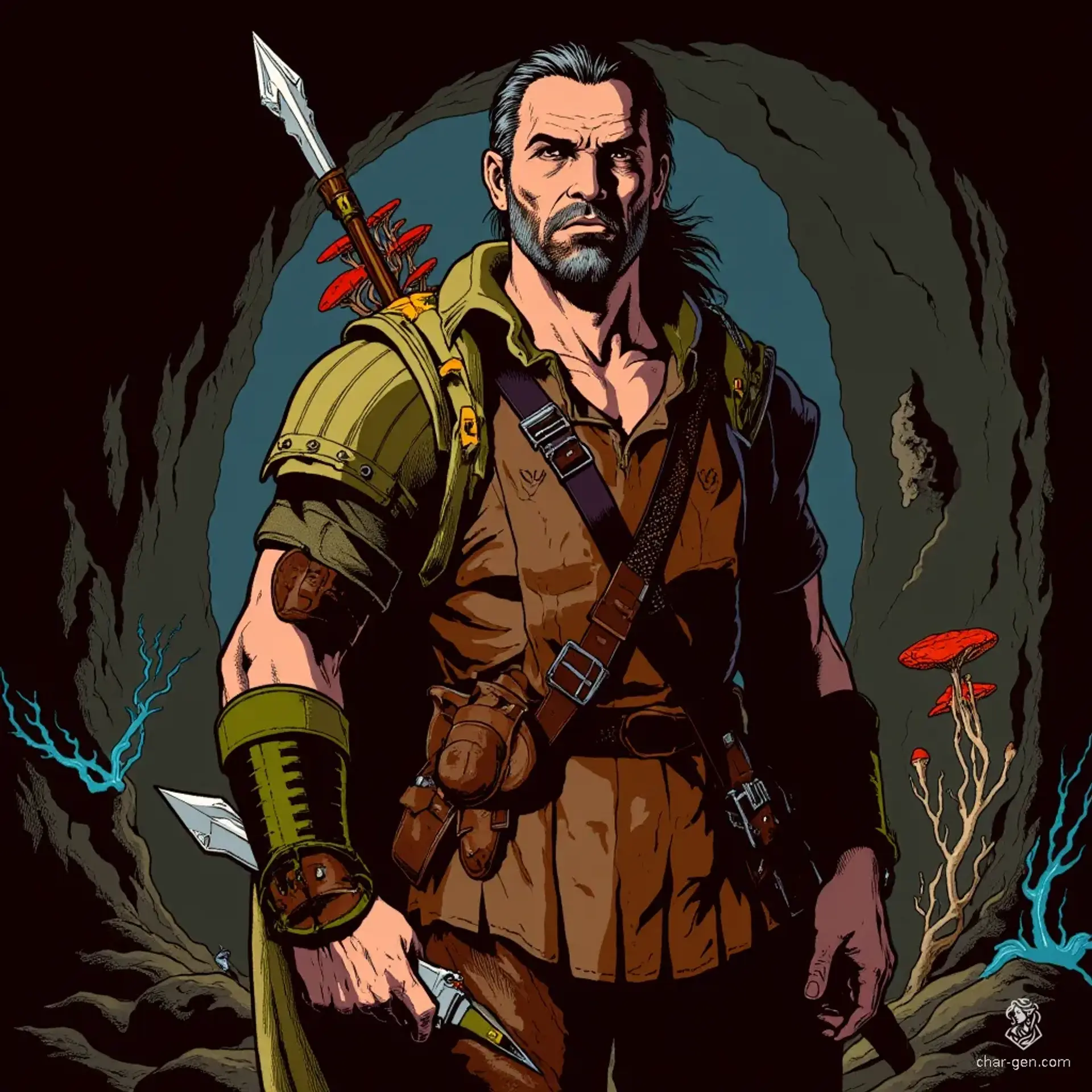 A formidable mercenary-captain, this evil ranger roams the Underdark with a sharp eye and a cunning mind. Clad in mismatched armor, he leads a ragtag band of soldiers, expertly strategizing their next ruthless contract while haunting the shadows of the world below.