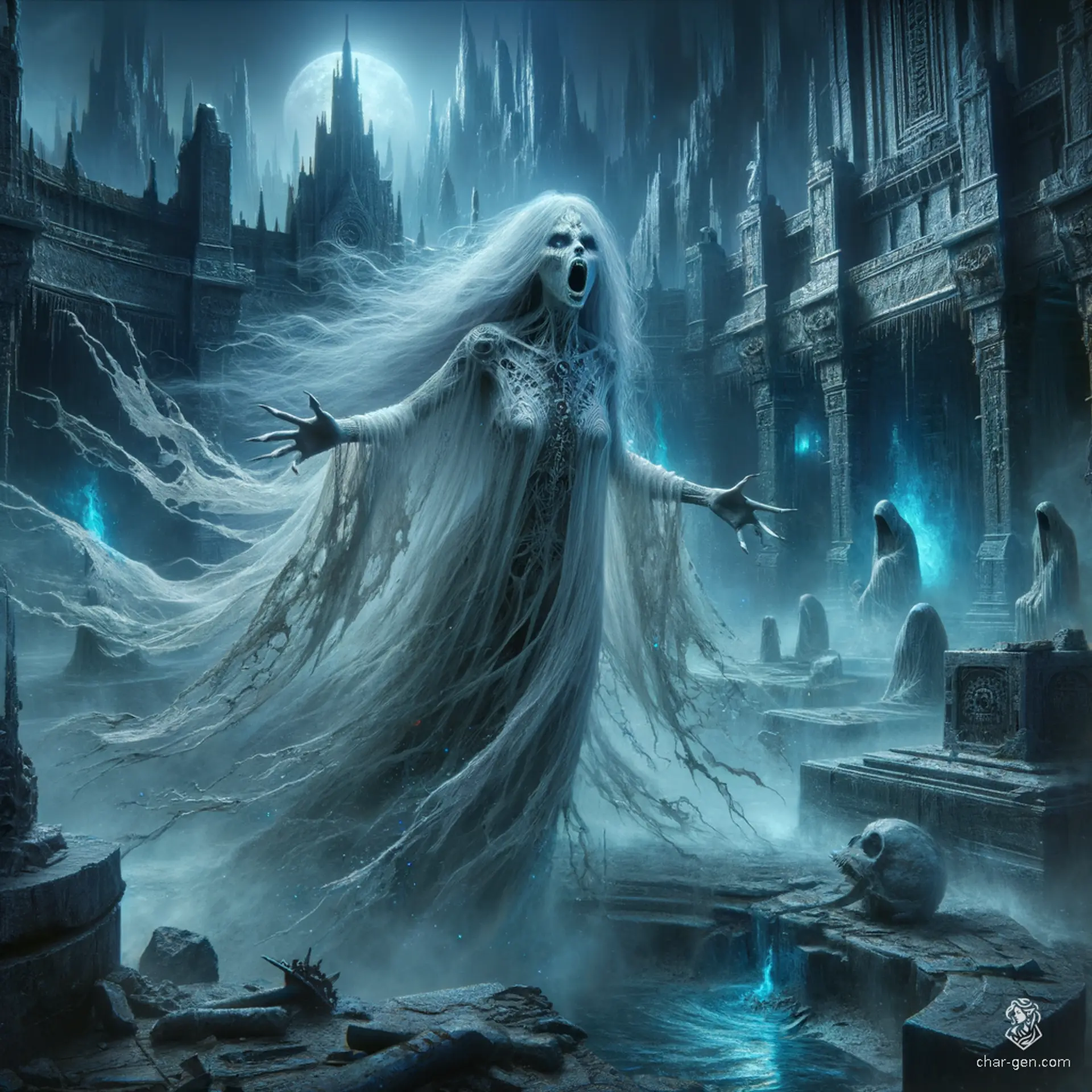 A banshee is a spectral woman with long flowing white hair and pale skin, clad in ragged, ethereal robes. Her haunting wail foretells impending doom, instilling fear in those who hear it.