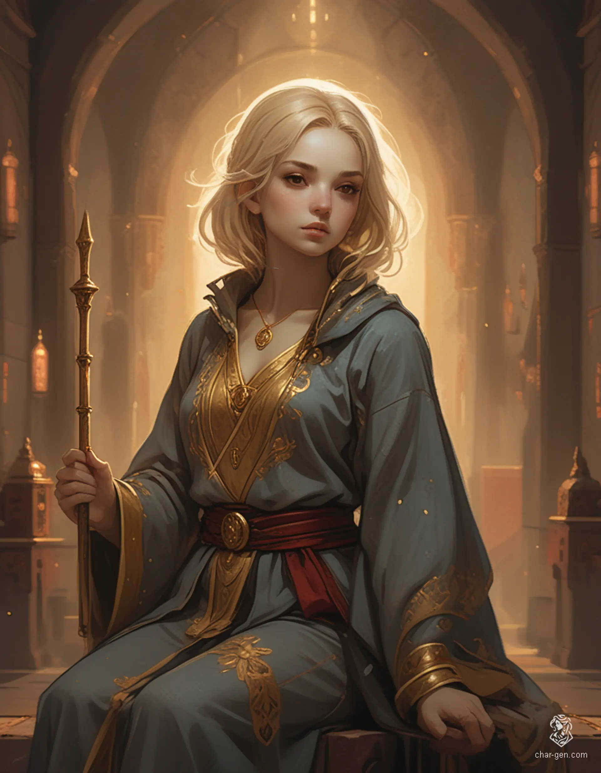 Loralyn, a serene Aasimar monk and baroness, radiates divine presence in her dimly lit throne room. With glowing golden eyes and subtly radiant grey skin, she commands respect. Clad in a modest robe adorned with celestial symbols, she wields a quarterstaff, ready to confront the encroaching evil fey.