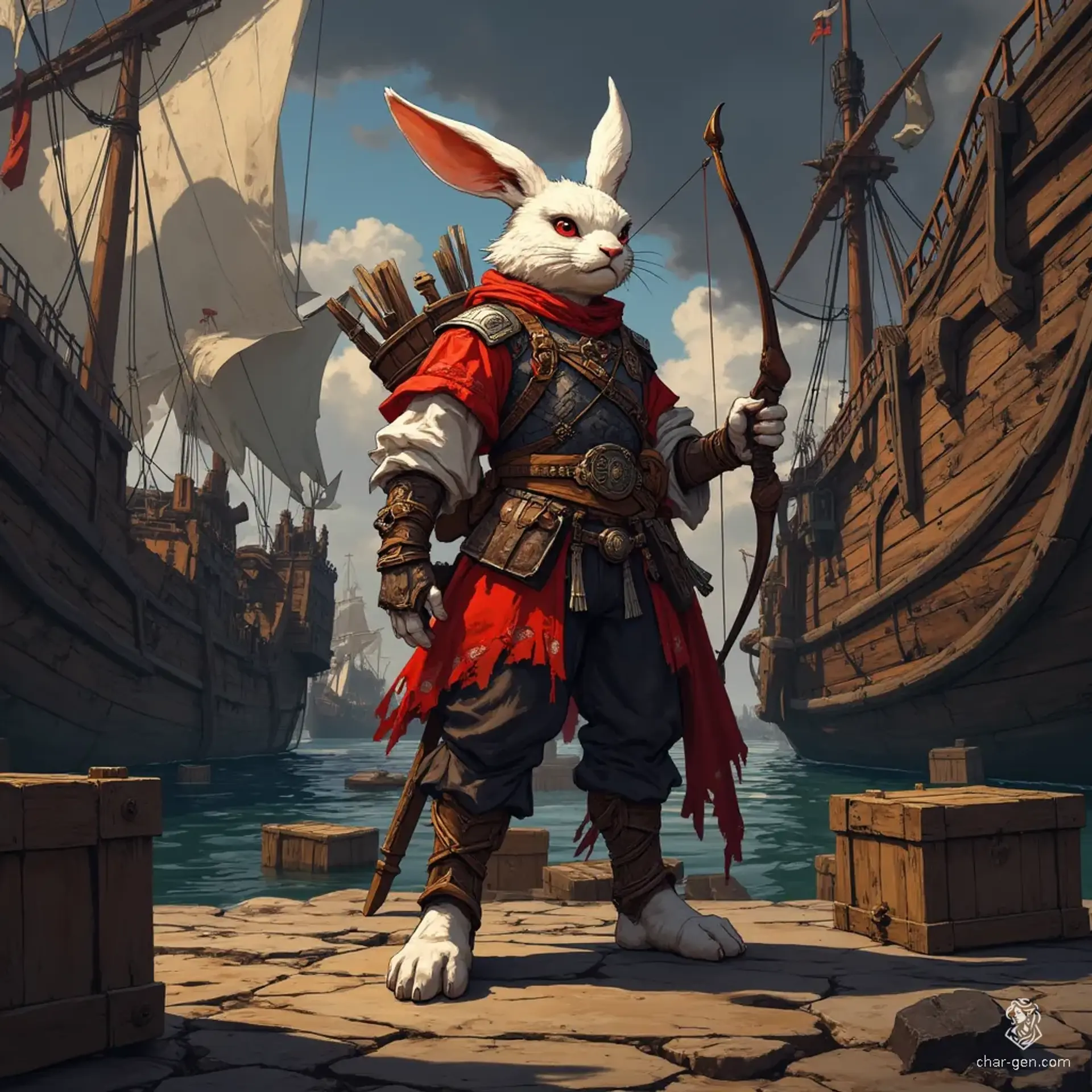 Meet Lira, a charming young harengon ranger with a mischievous spark in her wide eyes. Her curvy form is clad in earthy ranger gear, complemented by her bow and quiver. With soft, light skin and a adorable, fur-covered rabbit head, she’s both friendly and cute, ready for adventure.