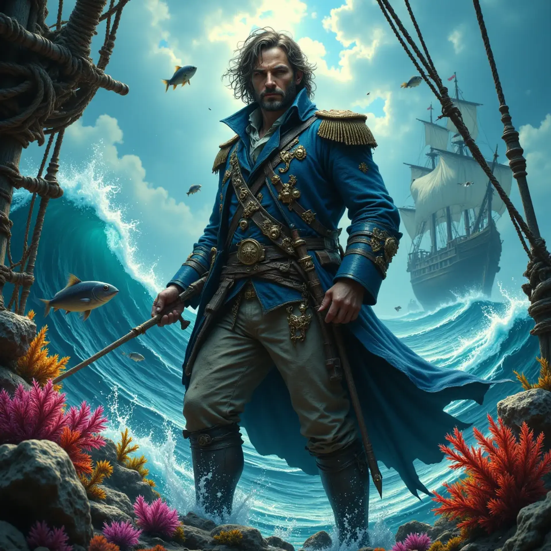 Captain Alistair Vance, a rugged maritime hero in his early thirties, commands his ship with unwavering confidence. Clad in a worn naval uniform, his fair skin contrasts with a mane of medium-length hair. Armed with an array of weapons, he battles the tempestuous waves, embodying the spirit of adventure and leadership.