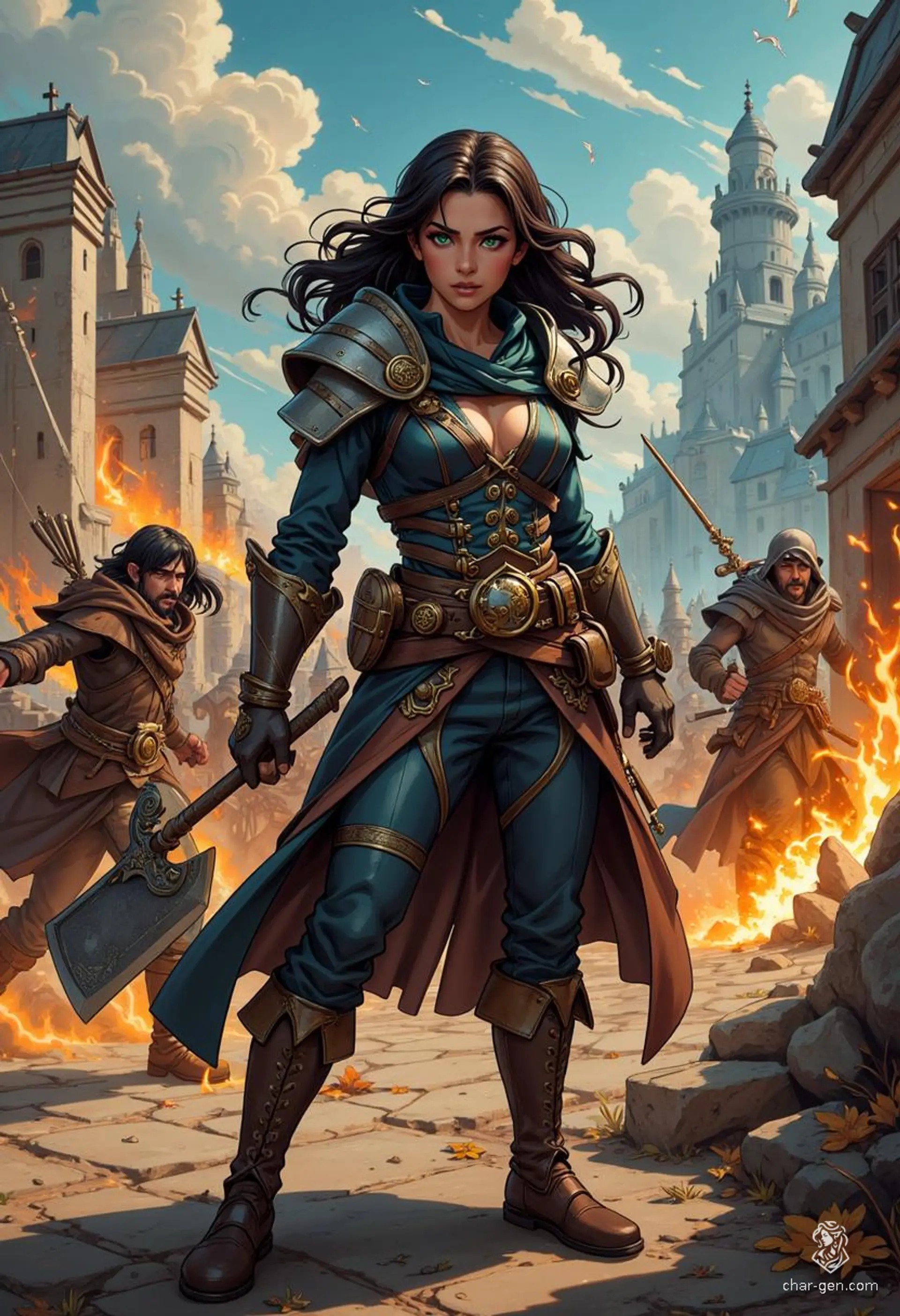 Cyren is a daring 16-year-old half-orc barbarian smuggler, standing 6'1" with slate grey skin and striking green eyes. Armed with a greataxe, she's formidable and resilient, driven by a quest for vengeance against a treacherous thief. Cynical yet adventurous, she thrives on risk.