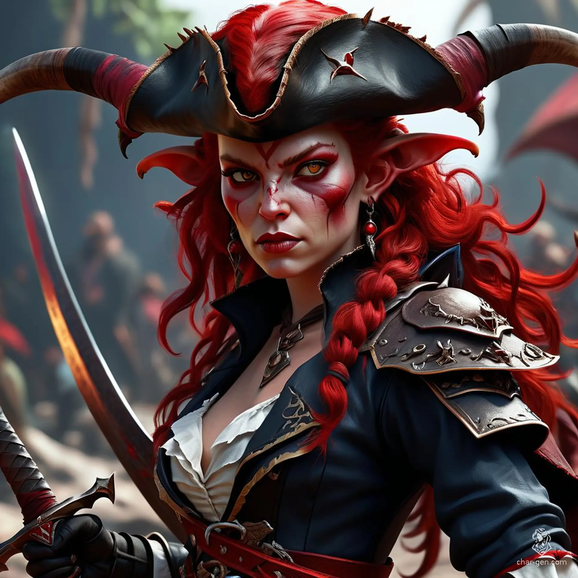 A white-skinned female tiefling pirate with bold cherry-red hair, horns, and a long tail. She stealthily navigates adventures, brandishing a cutlass and wearing a tricorn hat. As a rogue, she is light-footed and ever in pursuit of hidden treasure.