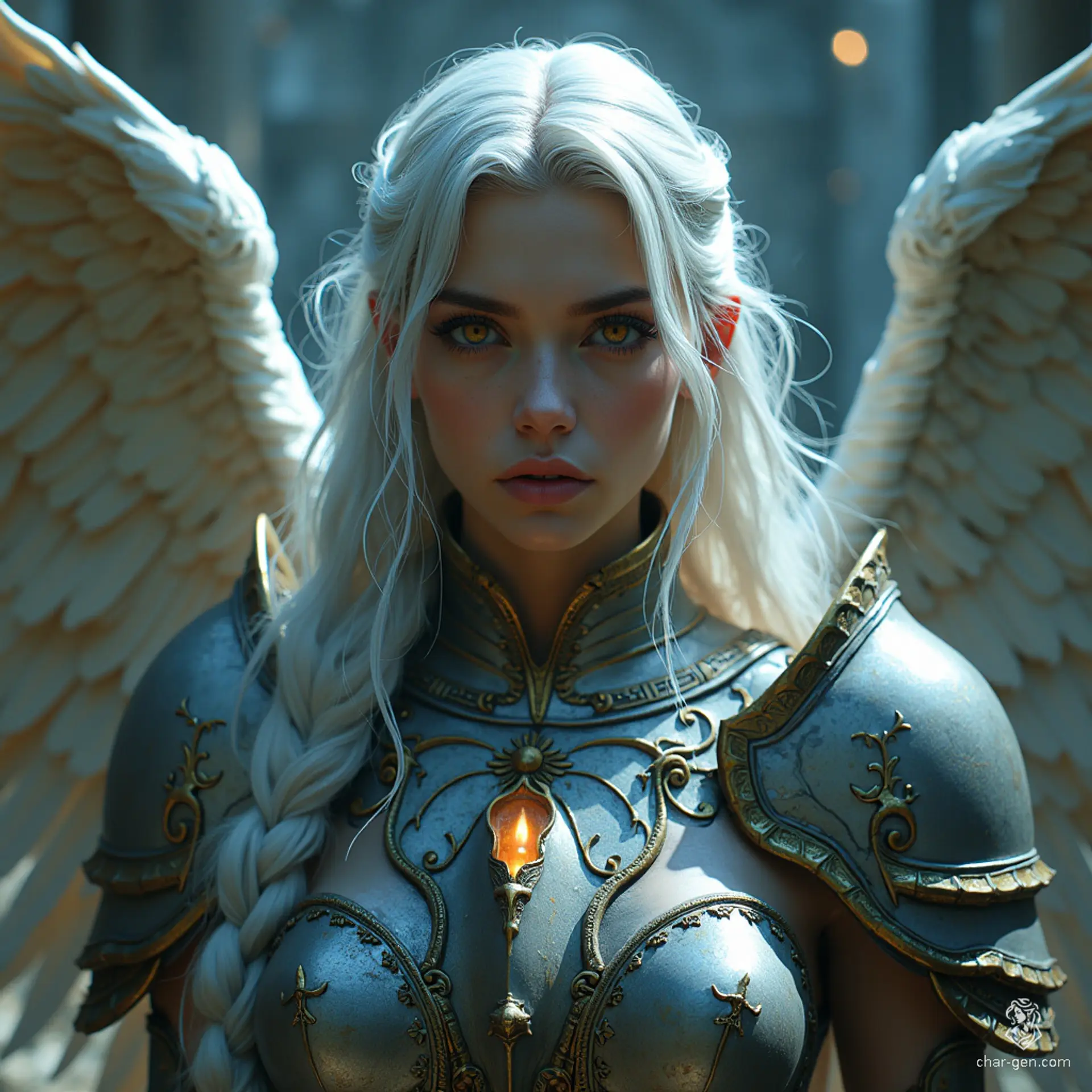 A resolute Aasimar paladin with silver-white hair and glowing eyes stands in holy armor marked by recent battle. At the entrance of a sacred temple bathed in holy light, she fends off encroaching darkness with a dignified, protective stance.
