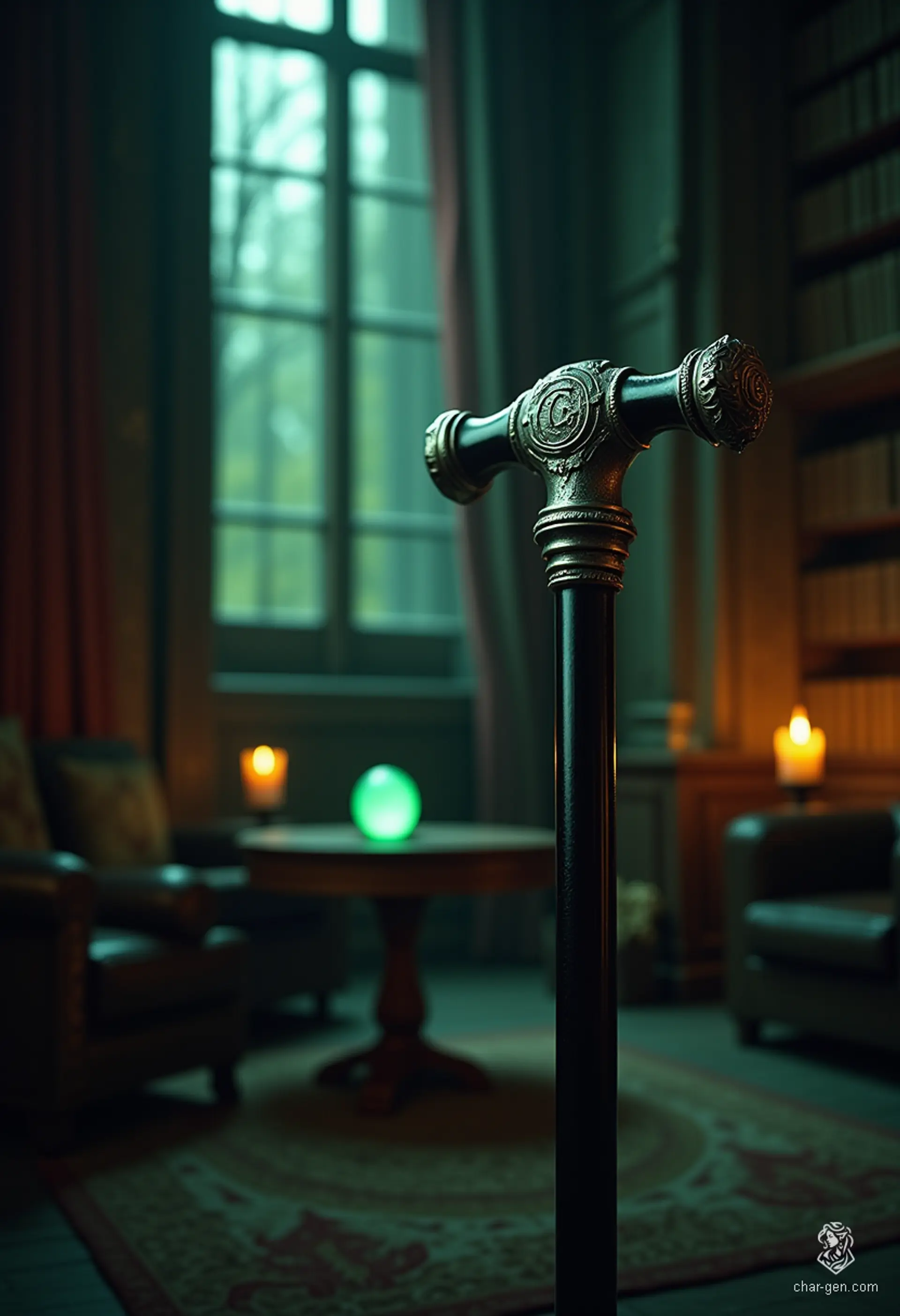 The Obsidian Whisper Cane is a masterfully crafted walking stick of polished ebony, 32 inches long, featuring a silver T-shaped handle engraved with a mysterious letter "C." It channels arcane energies, granting its wielder the ability to communicate with spirits, revealing hidden truths during séances. The cane pulses with a faint glow, illuminating the path to the unknown.