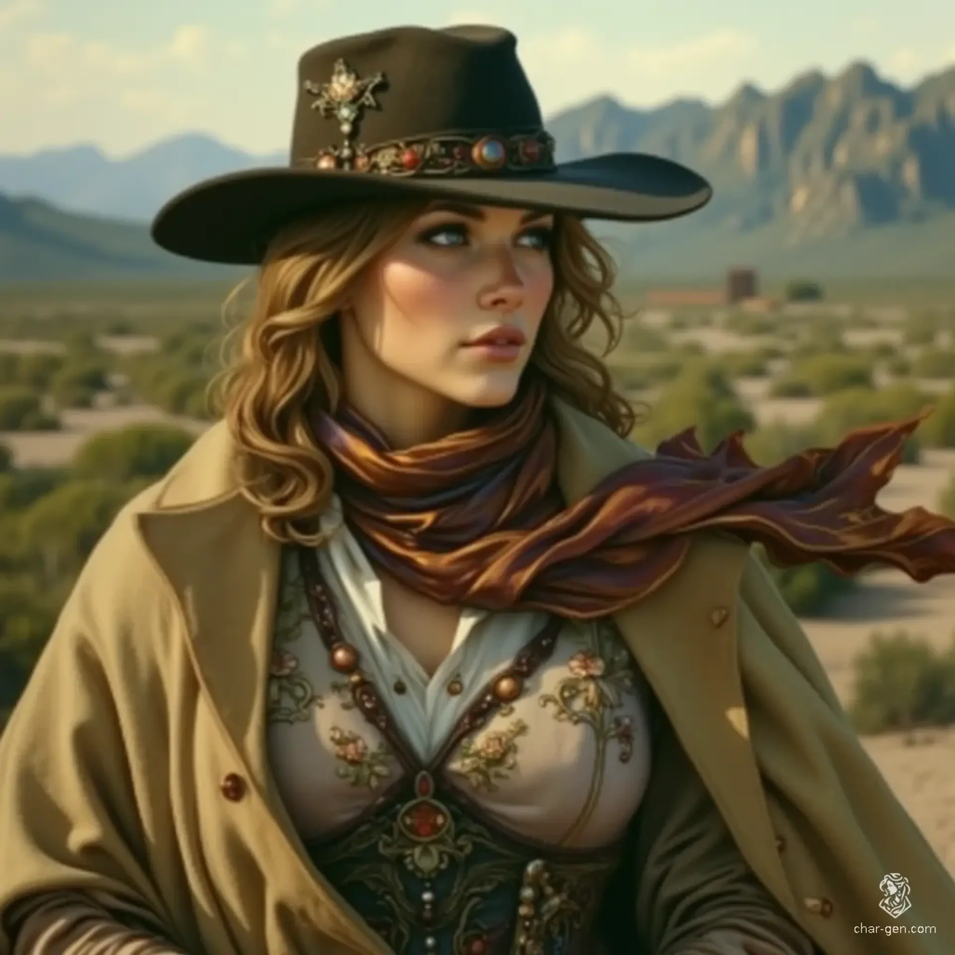 In a sun-soaked desert, a contemplative woman in her 30s stands poised for action. Clad in a flowing duster and wide-brimmed hat, her light brown hair cascades beneath a multicolored scarf. A handgun rests at her waist, embodying a blend of Western grit and quiet resilience.