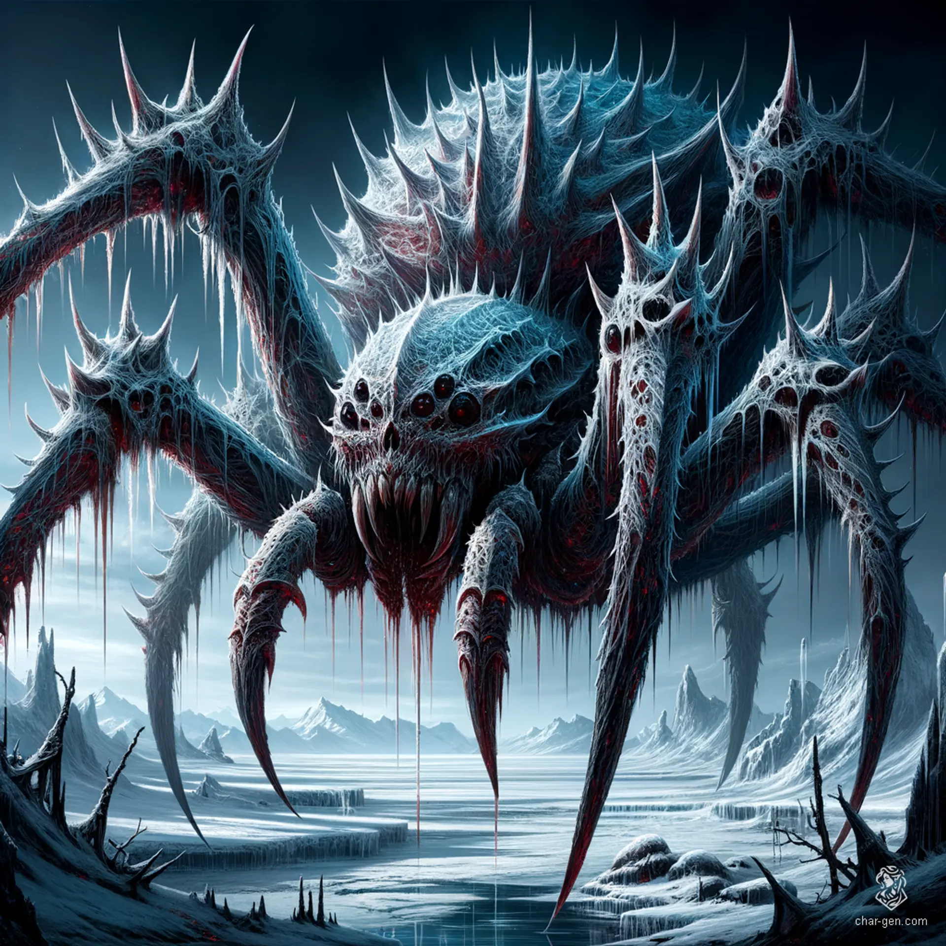 The colossal ice spider is an enormous arachnid with a venomous bite. Its skin exhibits a distinct bloodied texture that contrasts sharply, enhancing its fearsome appearance. This giant creature, standing at 1.5 times the size of a regular spider, is a nightmarish blend of cold and ferocity.