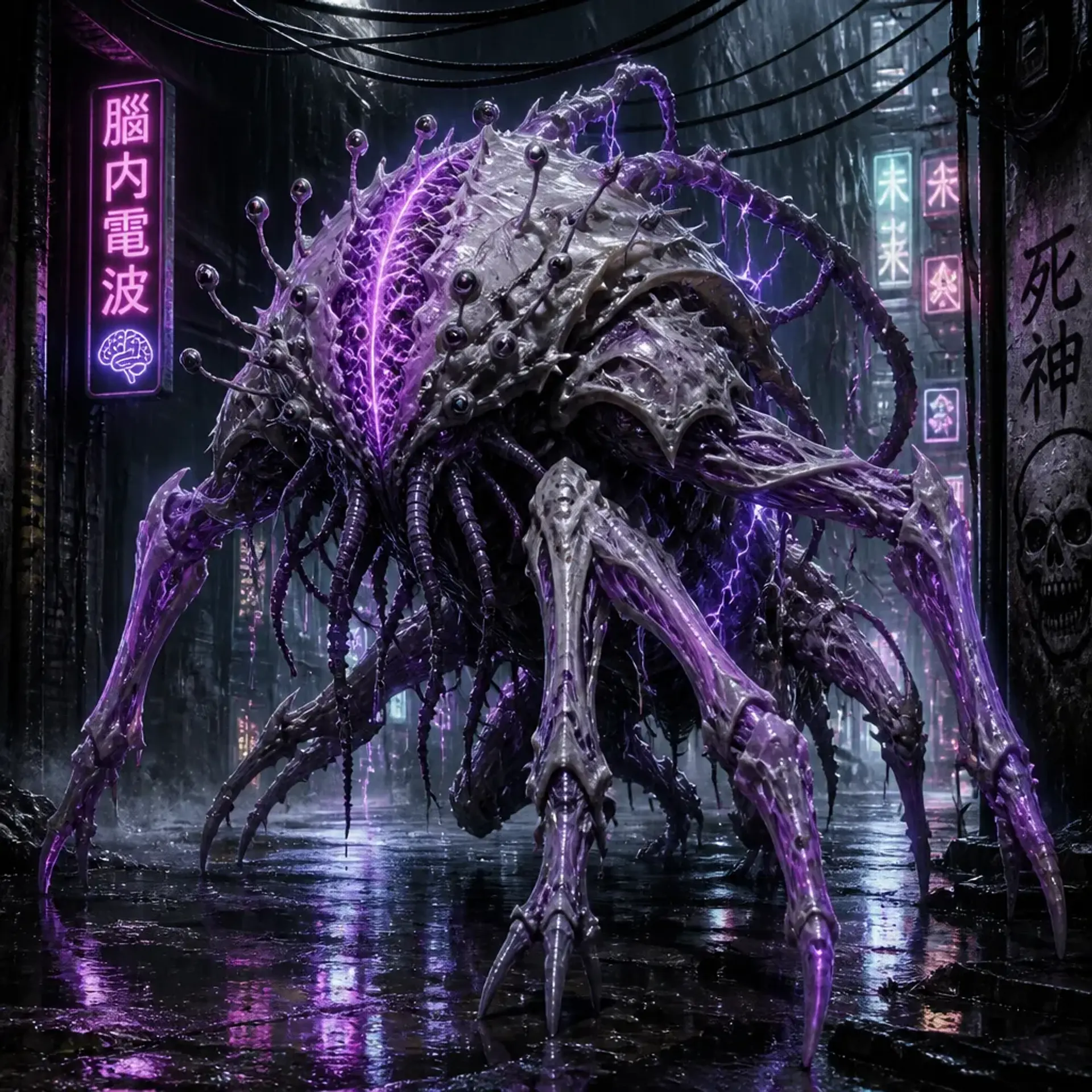 Cortex Harvester of the Neon Underways - AI-generated fantasy Monster