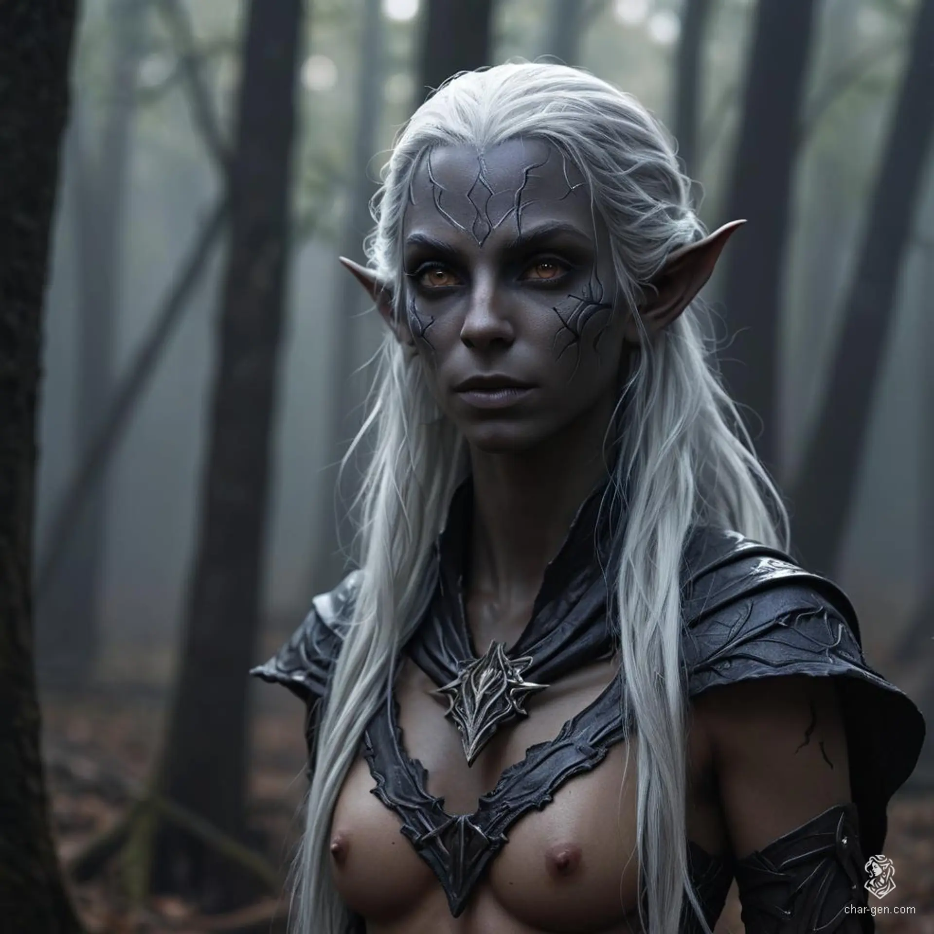 A captivating female dark elf with dark grey skin contrasting sharply against her pure white, long hair. She has purple eyes, a calm expression, and fluid posture, embodying a monk’s serenity. Her toned physique and distinct tan skin texture enhance her striking appearance.