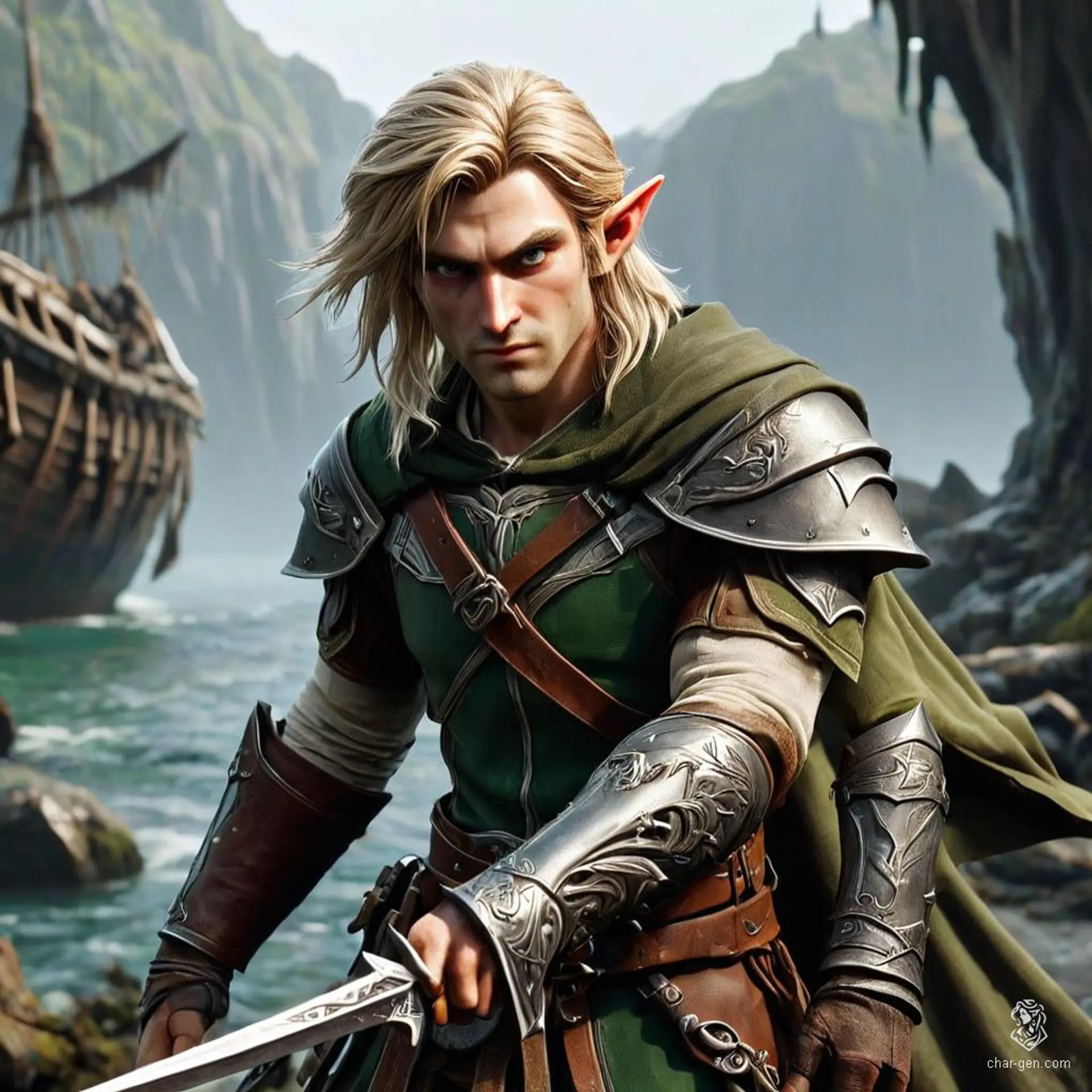 Vaelin Windrunner, a 27-year-old, 6'1" High Elf, is a nimble rogue and spy with light green eyes and dirty blond hair. Clad in intricately detailed leather armor, he wields a rapier with skill. Vaelin values freedom and is driven to pay off an old debt, often prioritizing money over friendships.