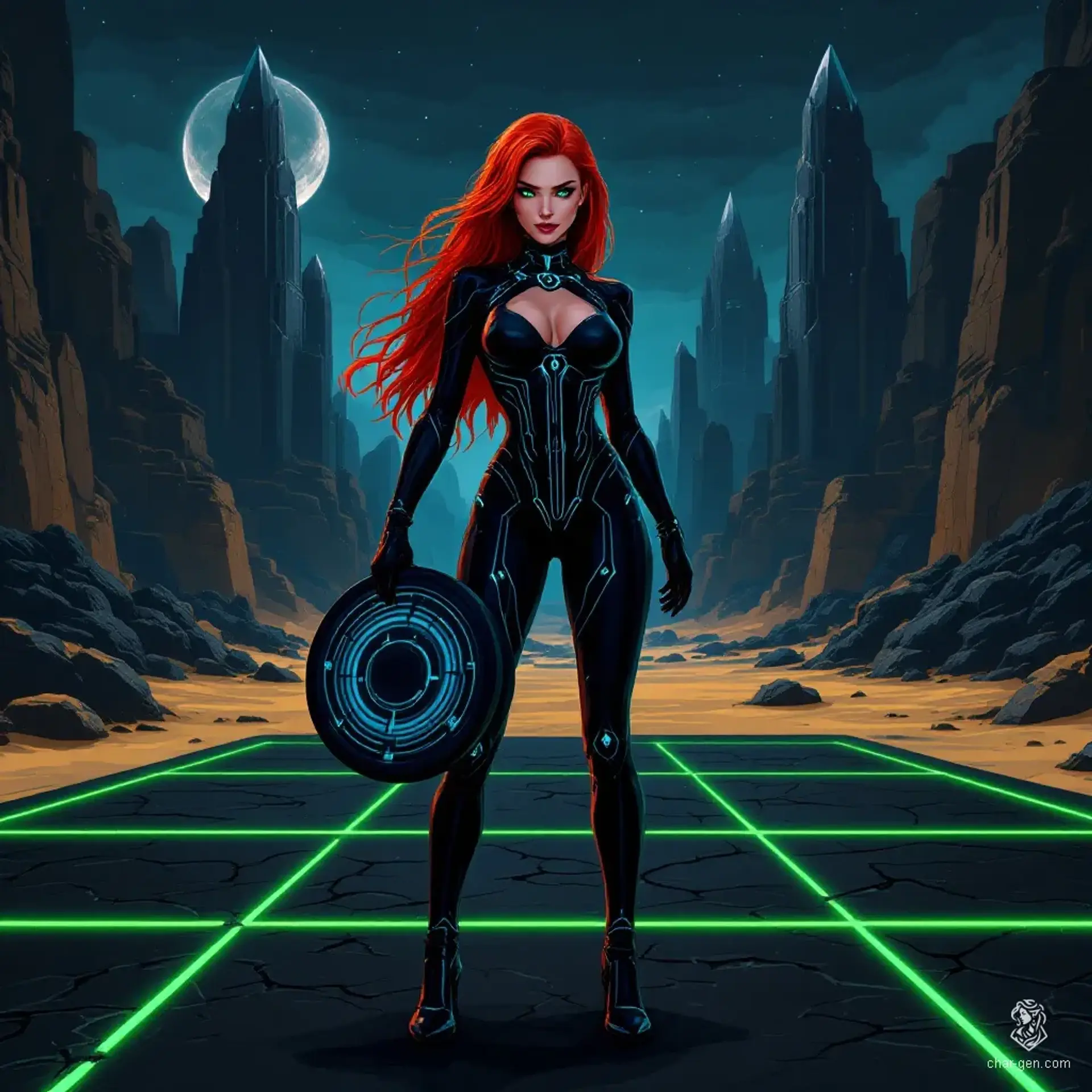 In a futuristic city of dark crystals, a captivating figure stands poised. With flowing red hair, green eyes that gleam with confidence, and a skin-tight black bodysuit adorned with glowing blue circuits, she holds a mysterious disk ready for action. Her charismatic smile hints at both danger and allure.