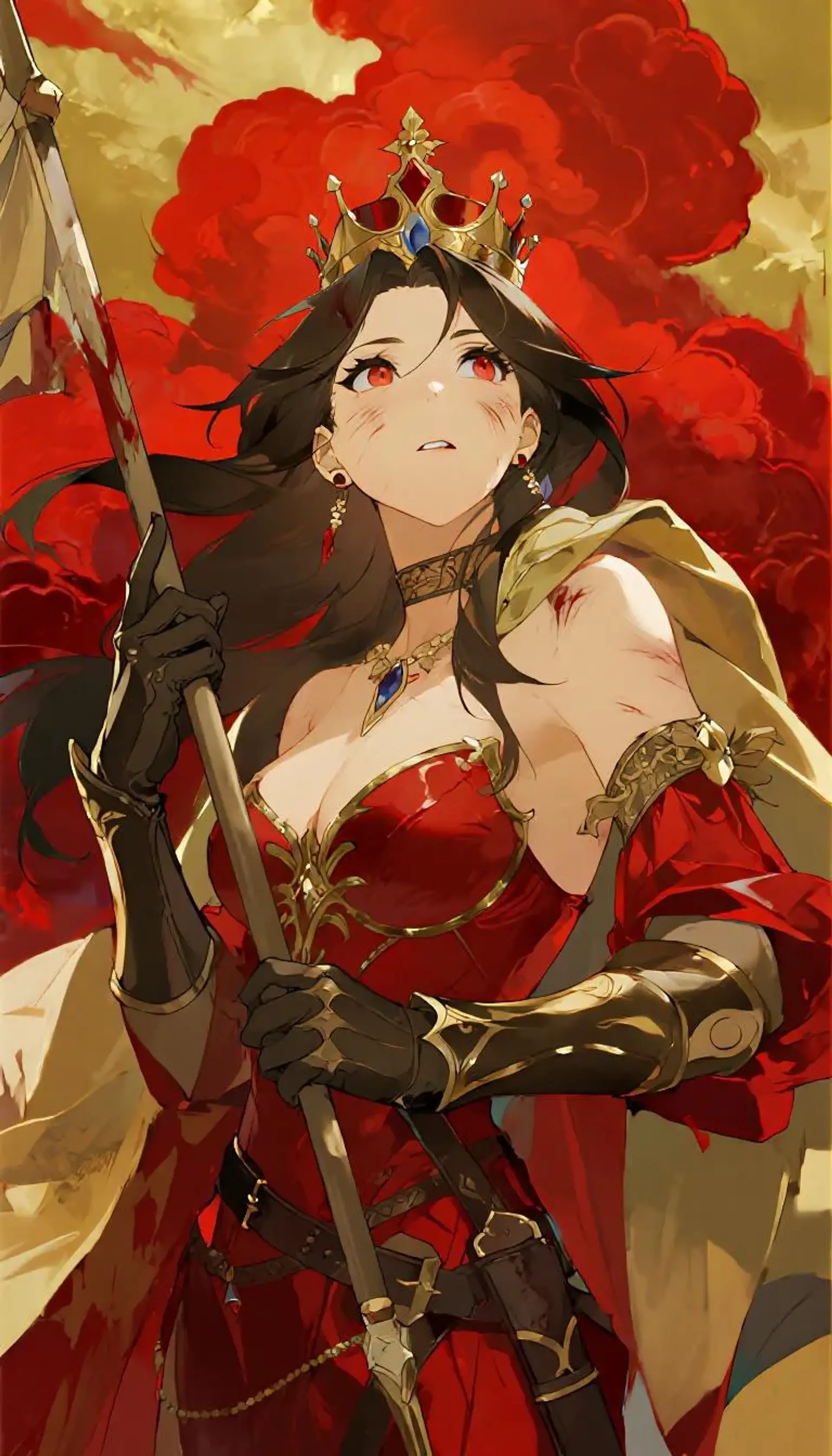 A crimson-and-gold warlord queen in gleaming plate, her breastplate cut to reveal a scarred décolletage, wearing a jagged black crown. One gauntleted hand grips a severed banner pole as blood-red storm clouds churn behind her — a cinematic Shōnen-style portrait of ruthless command.