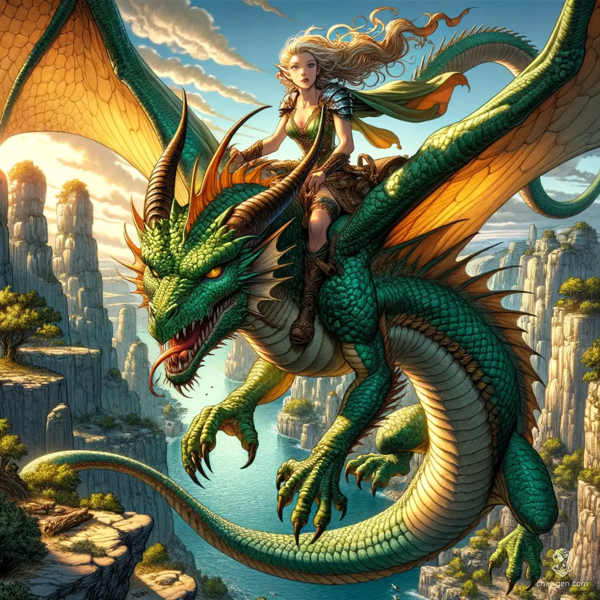 A 19-year-old half-elf maiden with long flowing copper hair rides a fearsome basilisk-dragon hybrid, a winged reptile adorned in thick emerald scales. With a serpent-like head and petrifying glare, this deadly duo commands the rocky terrain, striking terror with venomous fangs and sharp teeth.