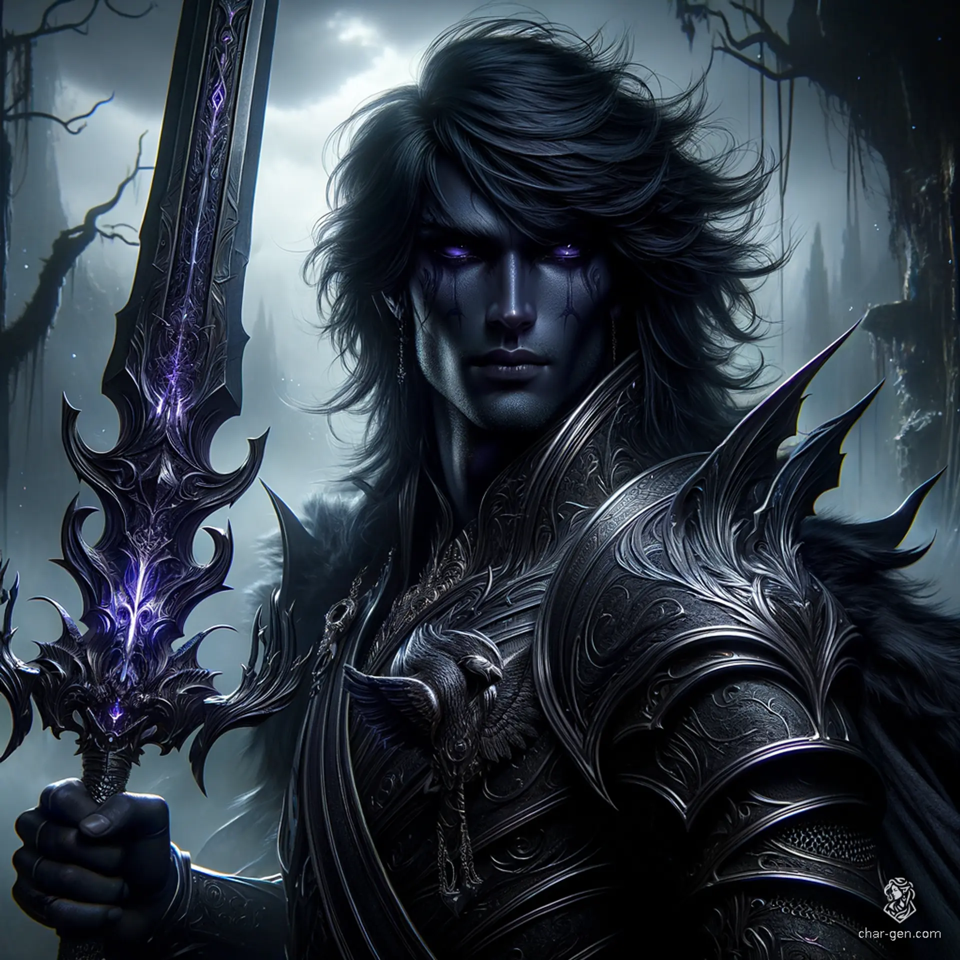 A male Shadar-kai paladin, he embodies an unsettling elegance with raven hair and obsidian eyes set against his stark white skin. Cloaked in dark armor, he emanates a dignified aura, standing resolute in his loyalty to the Raven Queen, a protector forged in shadows.