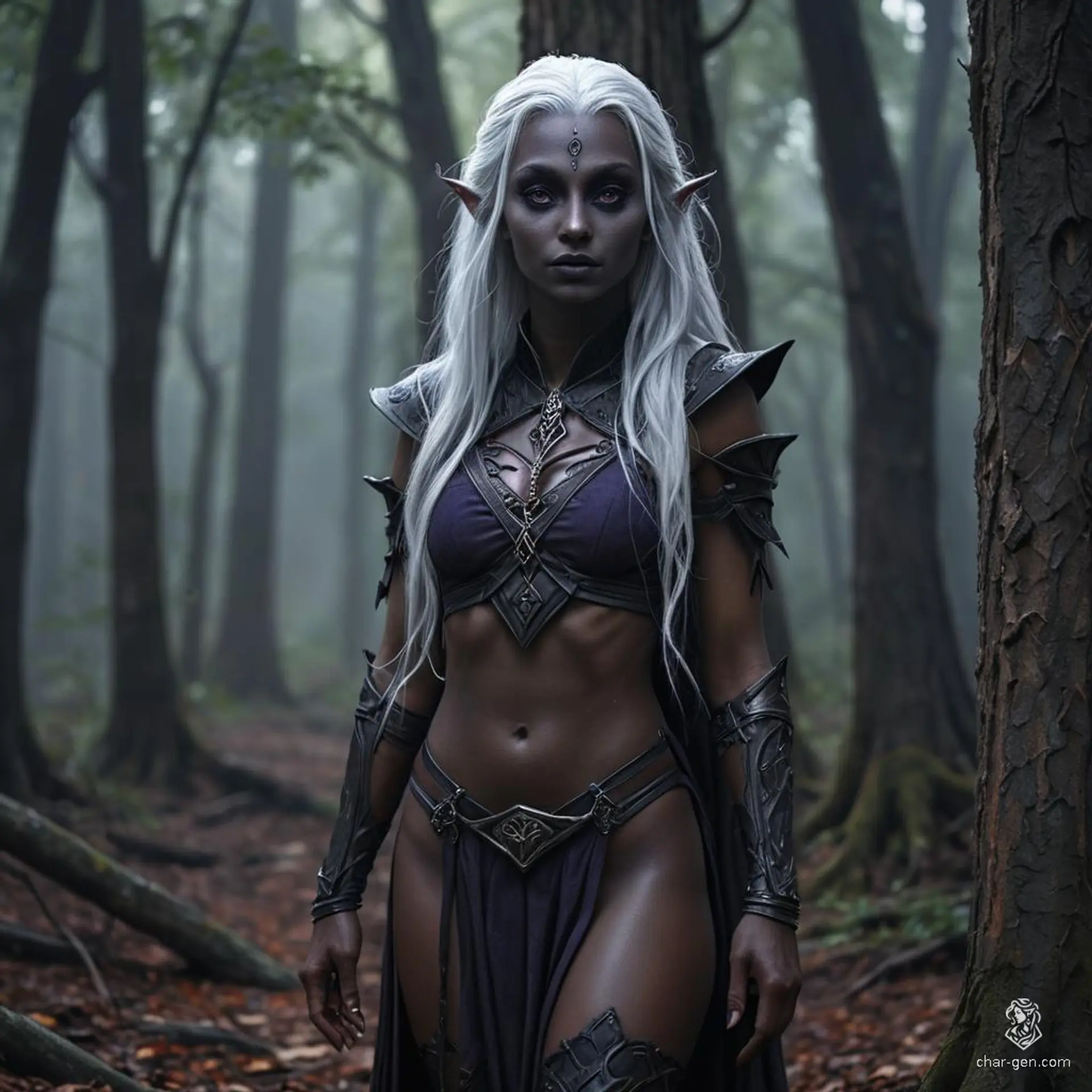 A very dark-skinned drow monk with long, bright white hair and striking purple eyes. Her toned physique and fluid posture exude calmness, sharply contrasting her dark skin. This female dark elf's serene expression captivates with an air of enigmatic tranquility.