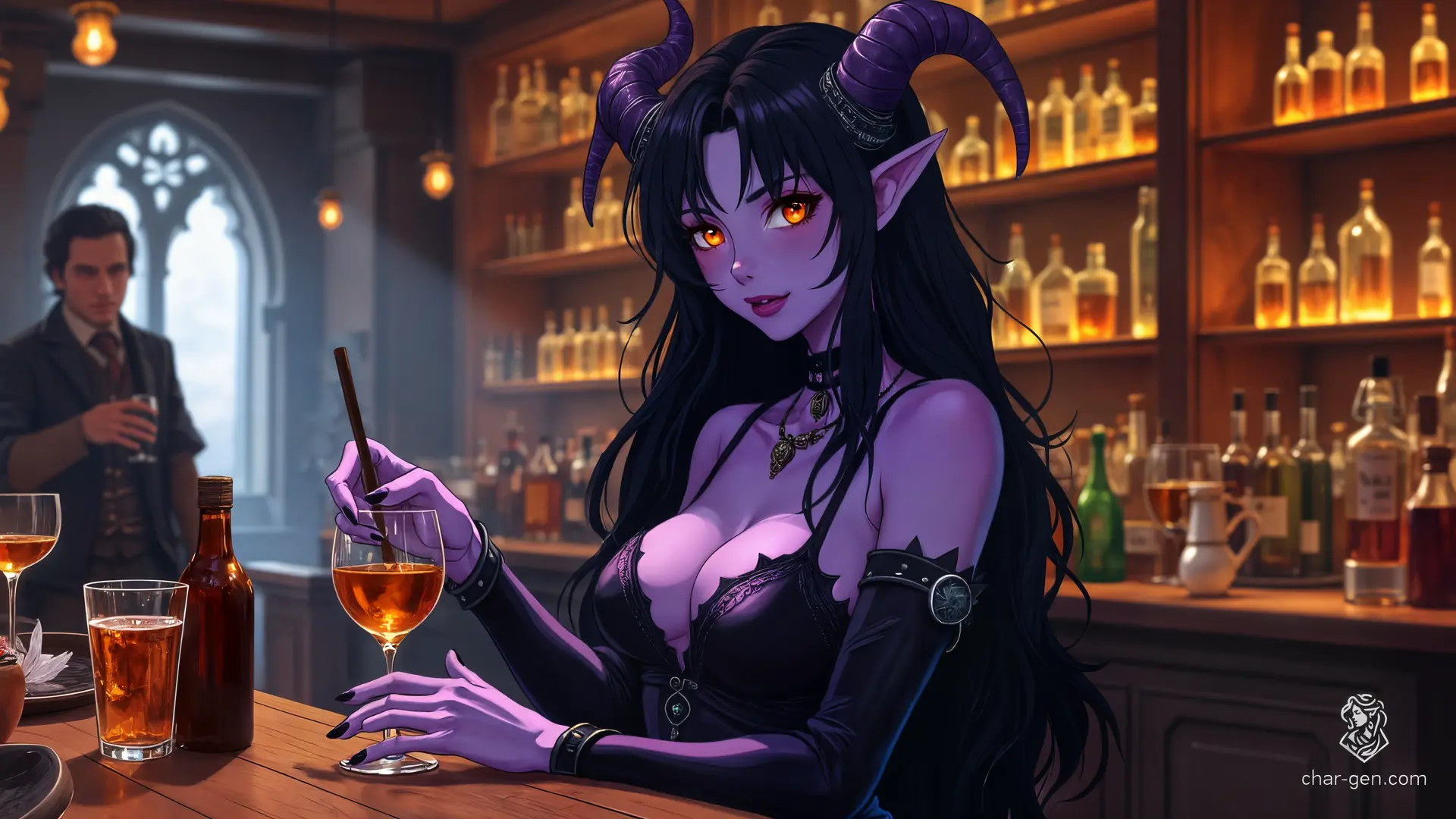 A striking, tall Tiefling bartender with deep violet skin and glowing amber eyes. Her elegantly curved horns, adorned with silver rings, complement her cascading jet-black hair. Wearing a form-fitting leather bodice and flowing skirt, she expertly mixes drinks with long, graceful fingers, captivating the lively patrons.