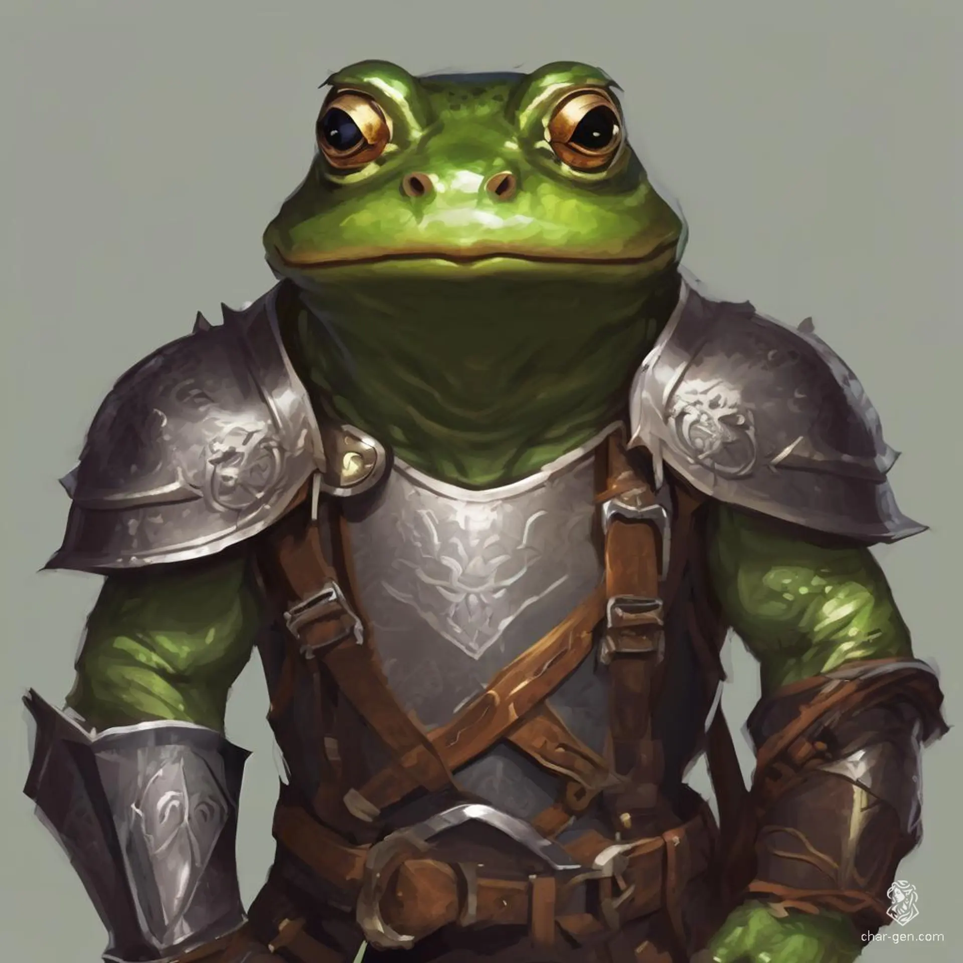 A small, thin male Grung paladin, clad in leather armor, balances his amphibious agility with noble charm. With a friendly demeanor and a heart of gold, he champions justice and loyalty, often leaping into action to defend the weak and uphold his values in a vibrant fantasy world.