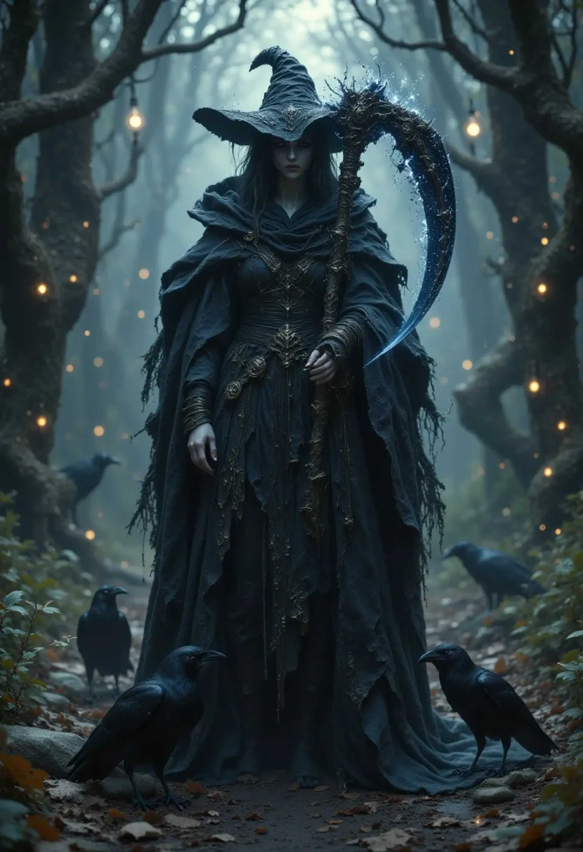 Branwen Umbra is a 230-year-old sorceress with alabaster, shimmering skin and swirling silver-black eyes. Once a captive of the Fey Courts, she now wanders the Sable Forest, cloaked in tattered black robes and wielding a scythe, her two ravens ever at her side.