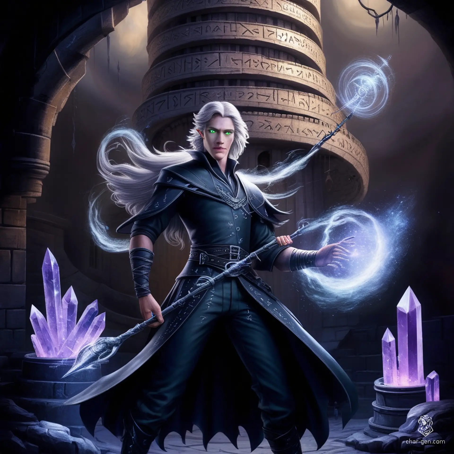 Ren Pendrix is a young male wizard in his mid-20s, with stubbled chin and long, flowy brown hair. Small rifts of time swirl around him, and his glowing blue eyes reflect his divine connection to the God of Time. A powerful scholar, he navigates reality with lawful neutrality, embracing the mysteries of arcane knowledge.