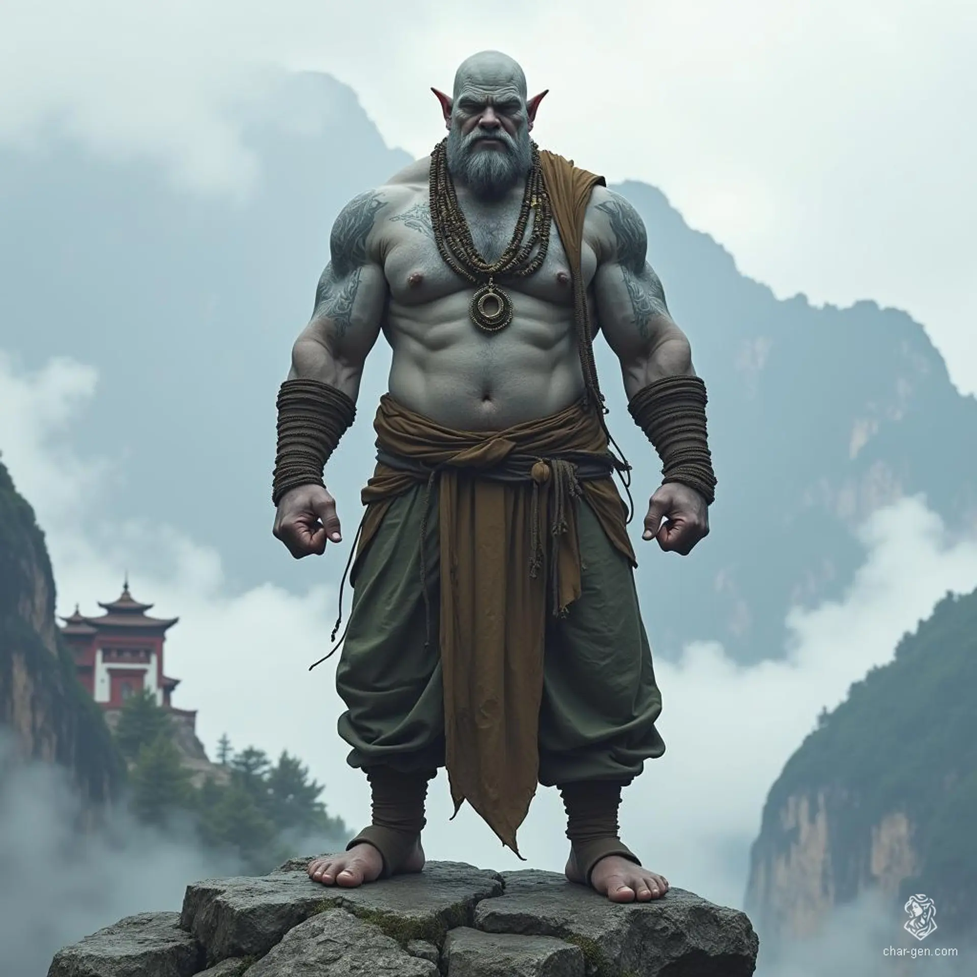 This towering goliath monk, draped in simple robes, exudes a serene yet powerful presence atop a misty mountain peak. With gray stone-like skin adorned in tribal tattoos, he embodies the balance of spiritual enlightenment and physical prowess, captured in his meditative stance and intense gaze.