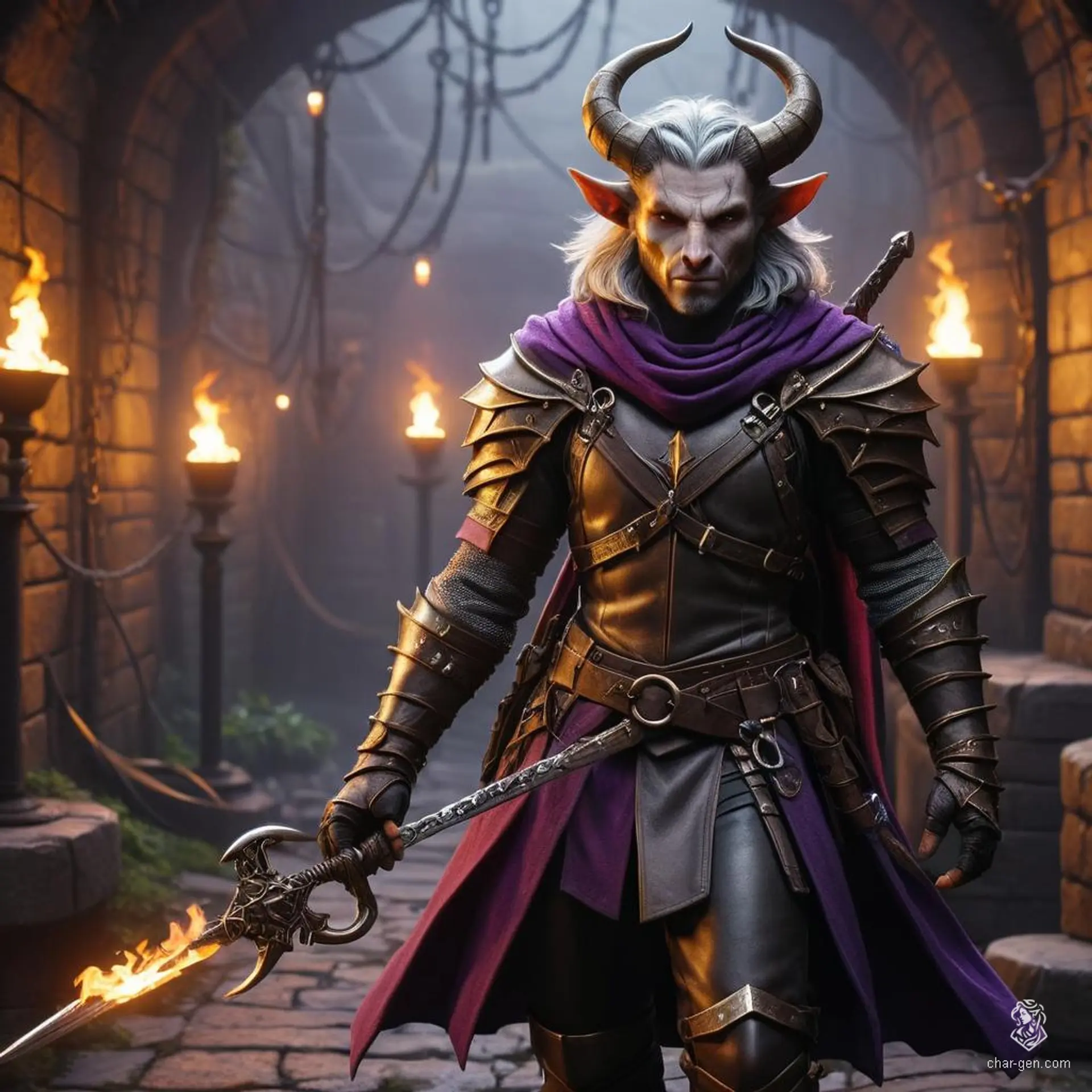 A striking male tiefling ranger, half-human with enchanting devil features, including horns and a long tail. He boasts grey long hair and unique purple skin. Armed with twin longswords and clad in leather armor, his unmatched keen eye and beautiful visage set him apart.