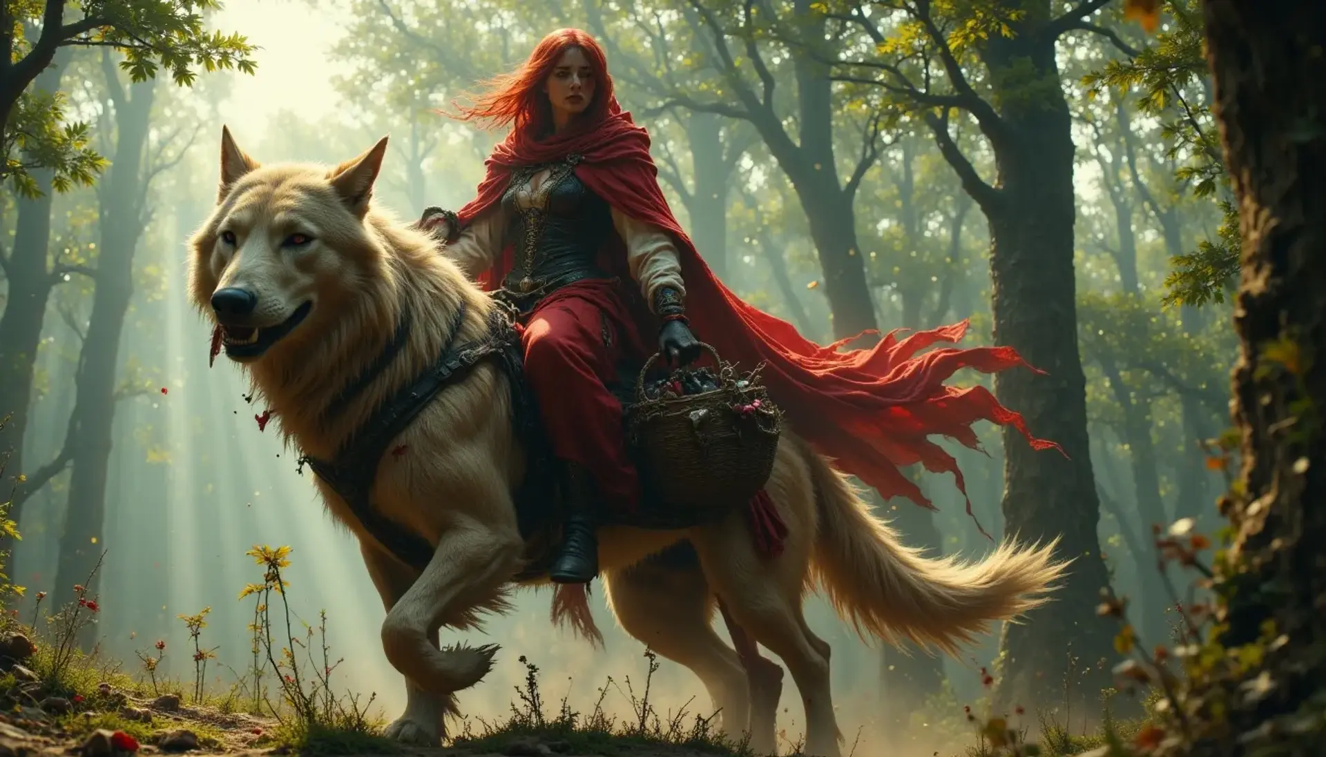 A fierce teenage witch-hunter with bold cherry-red hair, clad in a blood-red cloak and rugged gear, rides a towering dire wolf through sunlit woods. Fair-skinned and light-footed, she wields silver weapons and holy symbols, relentlessly hunting dark magic with deadly precision.