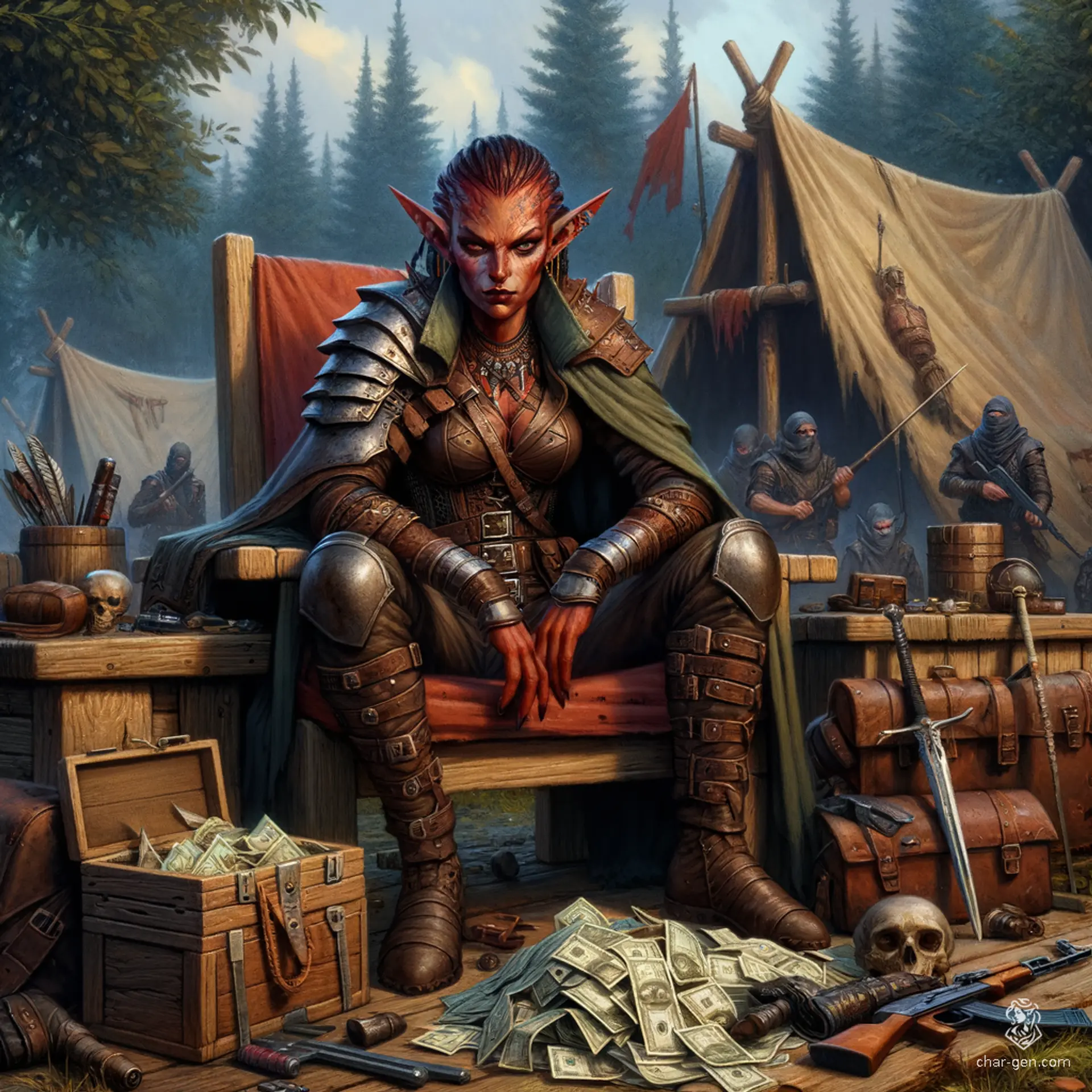 A muscular, red-skinned hobgoblin with an angular face, deep-set eyes, flat nose, pointed ears, and sharp teeth, this female bandit leader and rogue exudes stealth. As a mercenary-captain, she plans her next contract while lounging on a chair surrounded by loot, clad in mismatched armor.