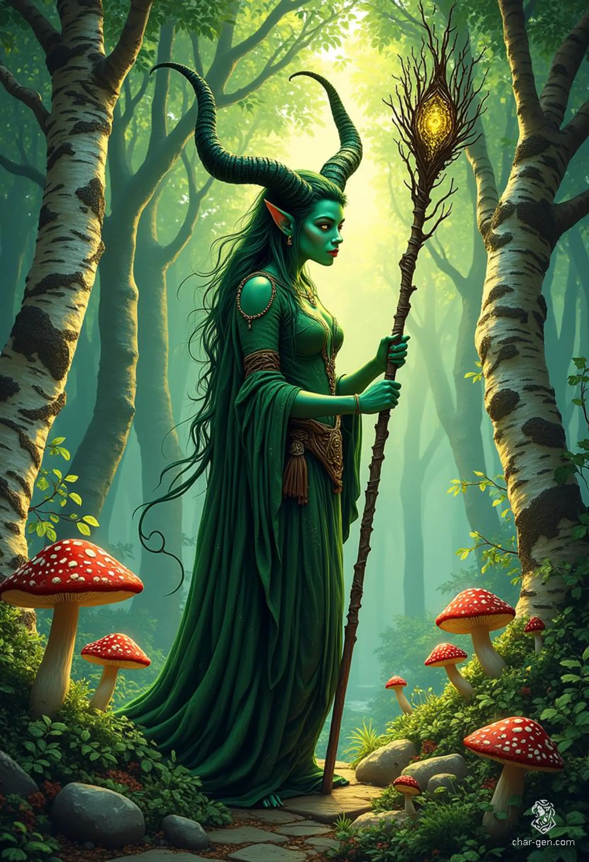Lilith Valmoira, a wise and resilient tiefling druid with vibrant green skin and striking horns, roams the cursed valley of Barovia. Adorned in intricate hides and wielding a nature staff, she finds solace in her animal companions and a deep connection to the earth, seeking peace in a world marked by turmoil.