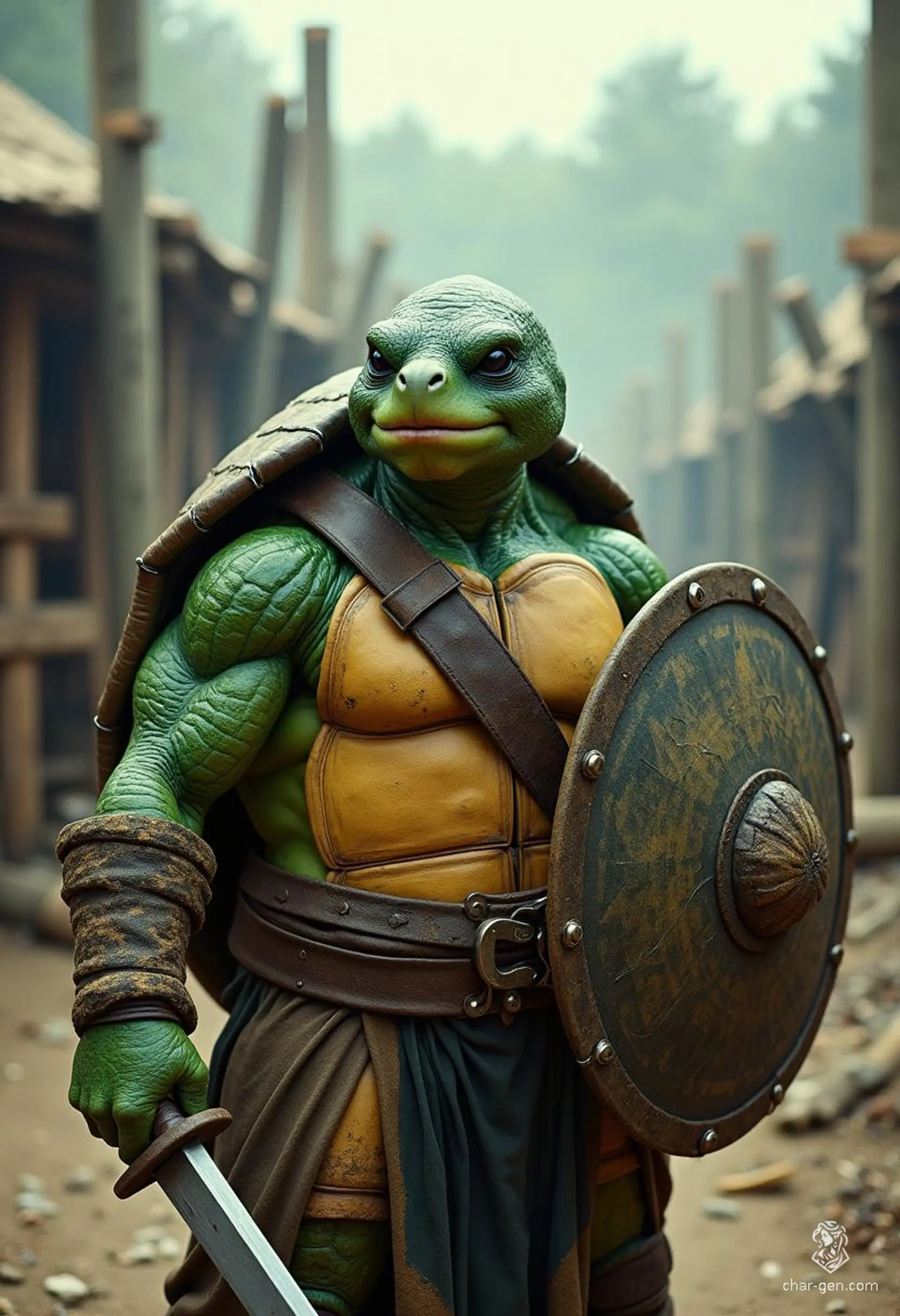 Snaps is a 5'10" charming tortle sorcerer and pirate, adorned in enchanted garments and arcane sigils. With his sturdy shell, vibrant green skin, and striking black eyes, he wields lightning's power and a formidable dagger. For Snaps, the sea embodies freedom, and courage is his unyielding creed.