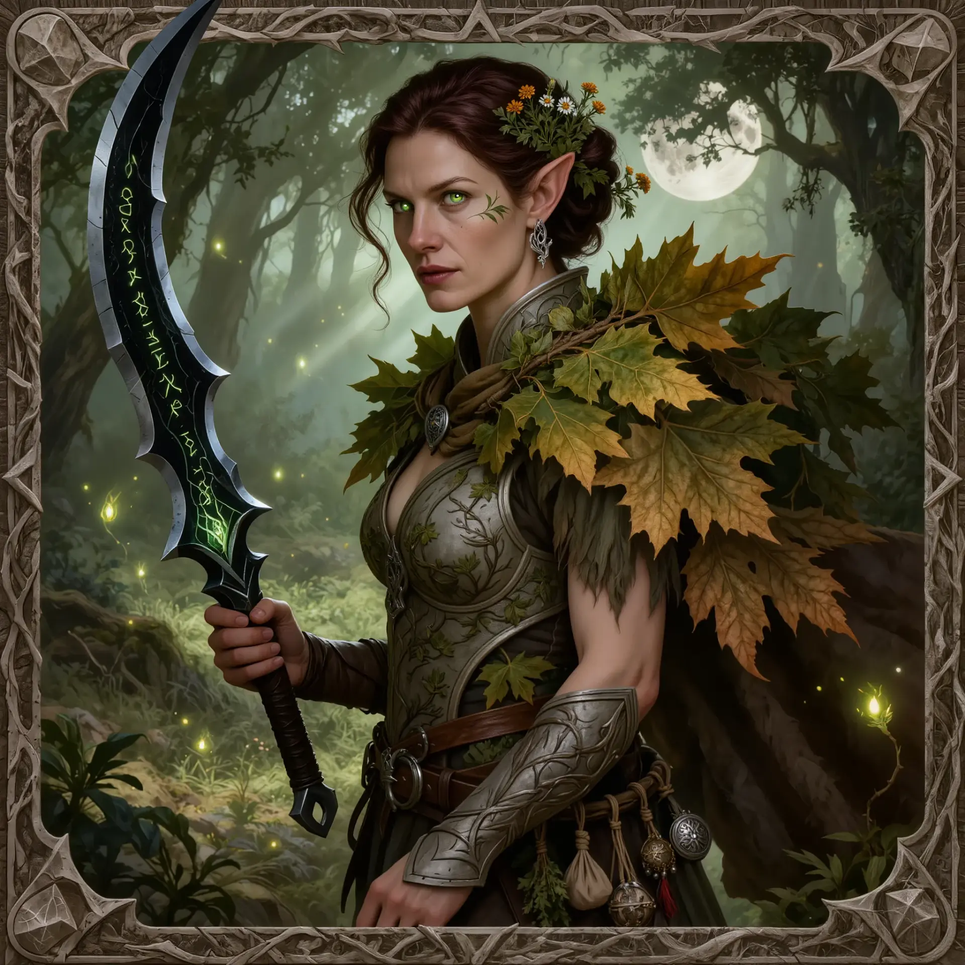 Tall and lithe, she moves with catlike grace. Sun-kissed skin contrasts with ink-black hair braided with silver beads. Piercing green eyes and a delicate nose crown high cheekbones. Muscular calves and nimble fingers speak of a hunter’s precision; a jagged scar bisects her left eyebrow.