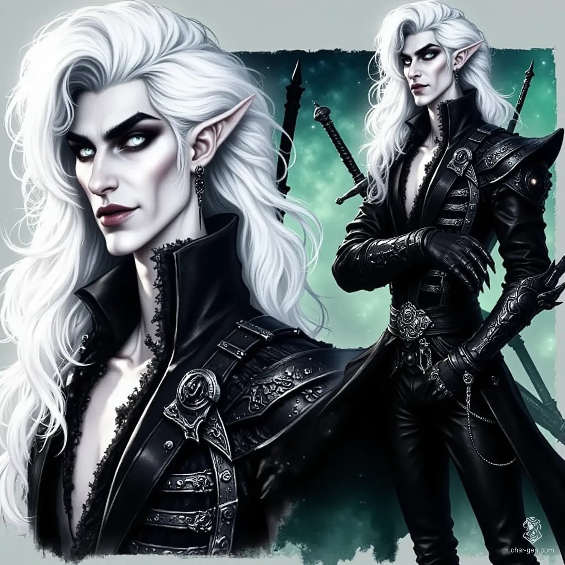Nasaríon, the vampire dread lord, is a lithe figure draped in elegant black elven armor. With glowing pale eyes and gaunt cheekbones, his hypnotic gaze captivates all. A black dagger earring dangles, hinting at his aristocratic past, while razor-sharp fangs reveal his deadly nature.