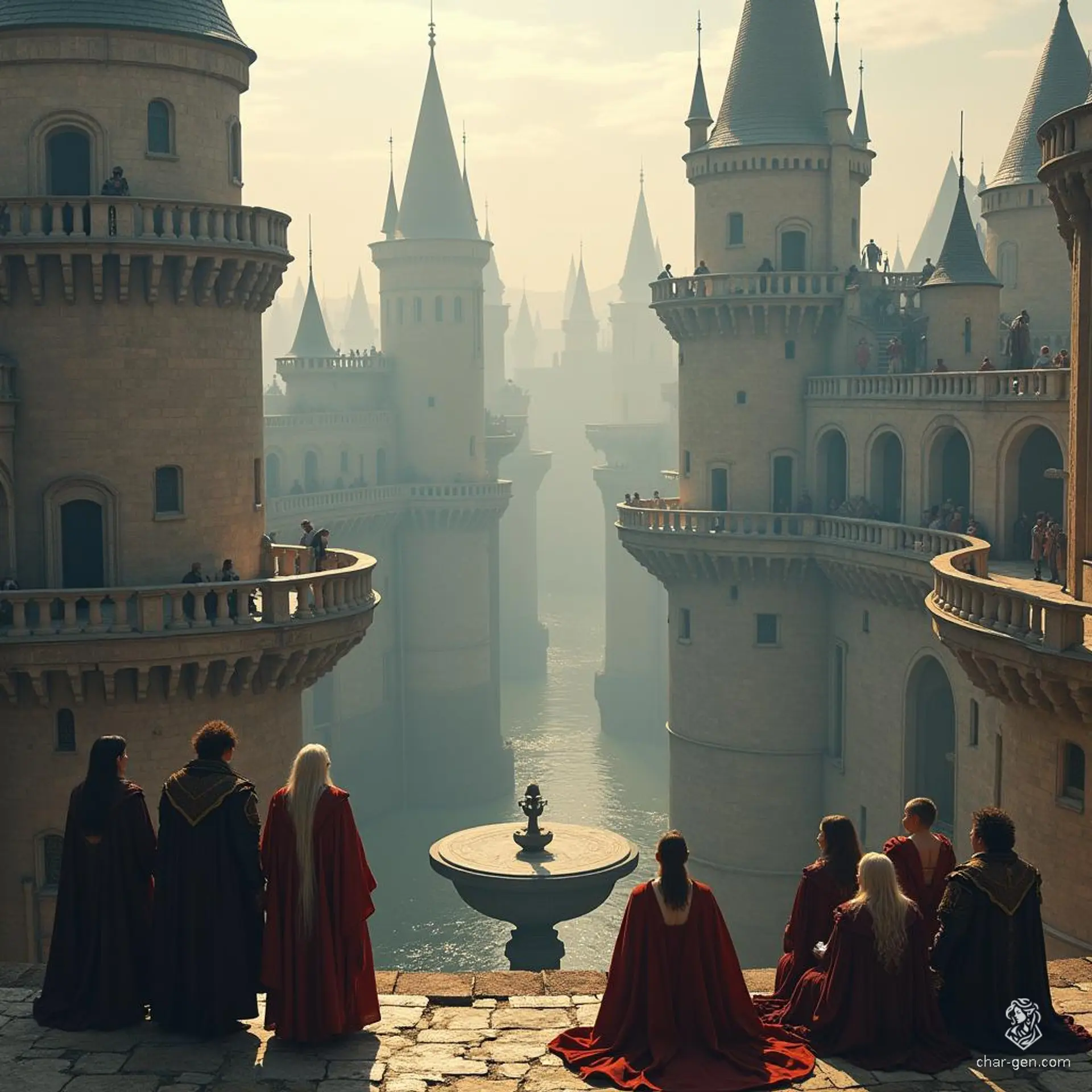 In a towering city of interconnected spires, Gallic-style nobles gather upon a lofty balcony, basking in winter sunlight. Amidst their quiet reflection, a revered war veteran, distinguished by his long white hair, sings a poignant lament, weaving tales of valor and sacrifice.