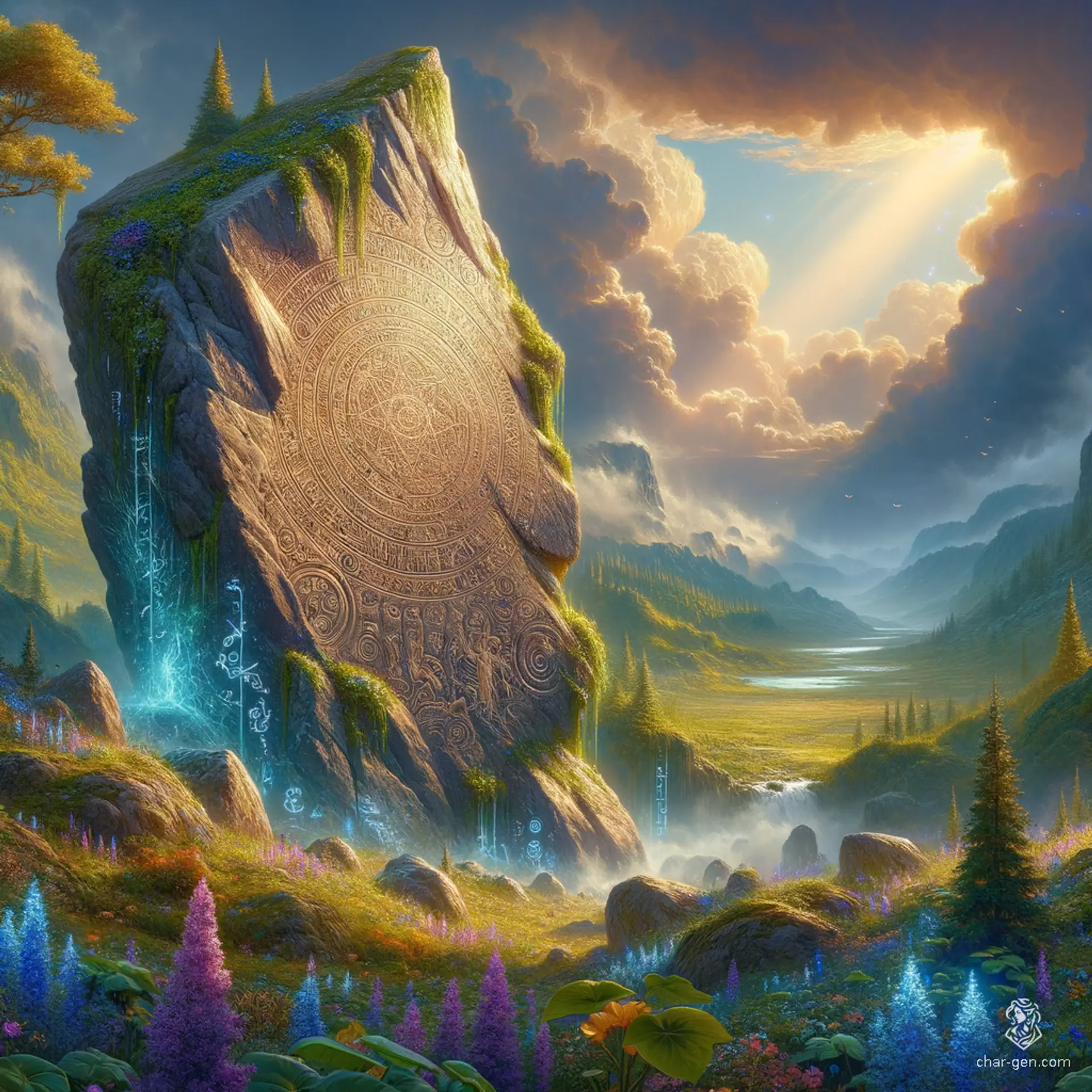 Towering cliffs of ancient stone rise majestically, their surfaces etched with glowing arcane runes. Lush, emerald vines cascade down their sides, while shimmering mists swirl at their base, revealing hidden grottos. Above, a twilight sky swirls with hues of violet and gold, casting an ethereal light over this enchanted realm.