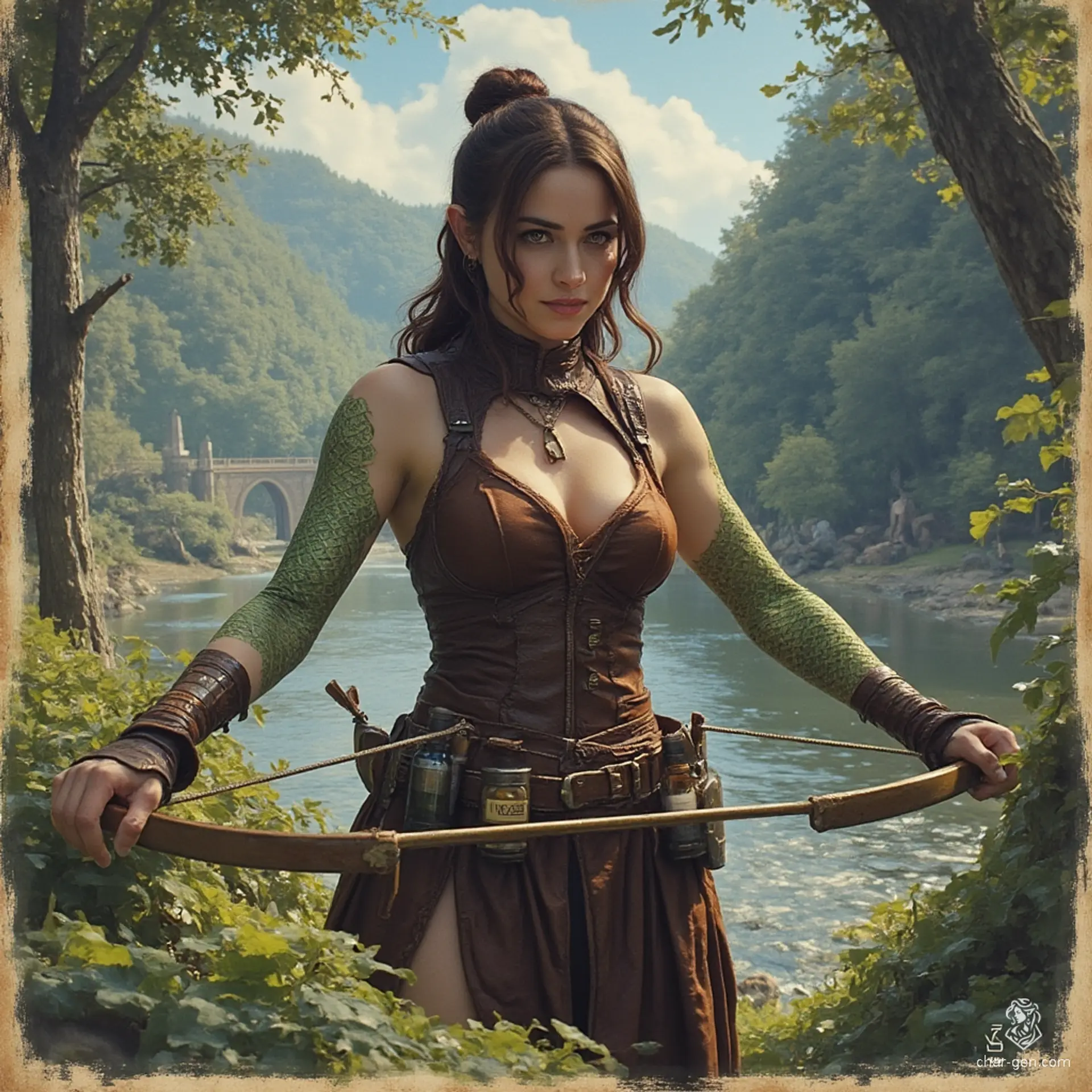 Izzy, a young halfling assassin, combines beauty and danger with her striking yellow-green snake-like eyes and shimmering green scales. Clad in a tight brown leather breastplate and armed with poisons, she lurks in the shadows, exuding a tense, thrilling aura as she awaits her prey.