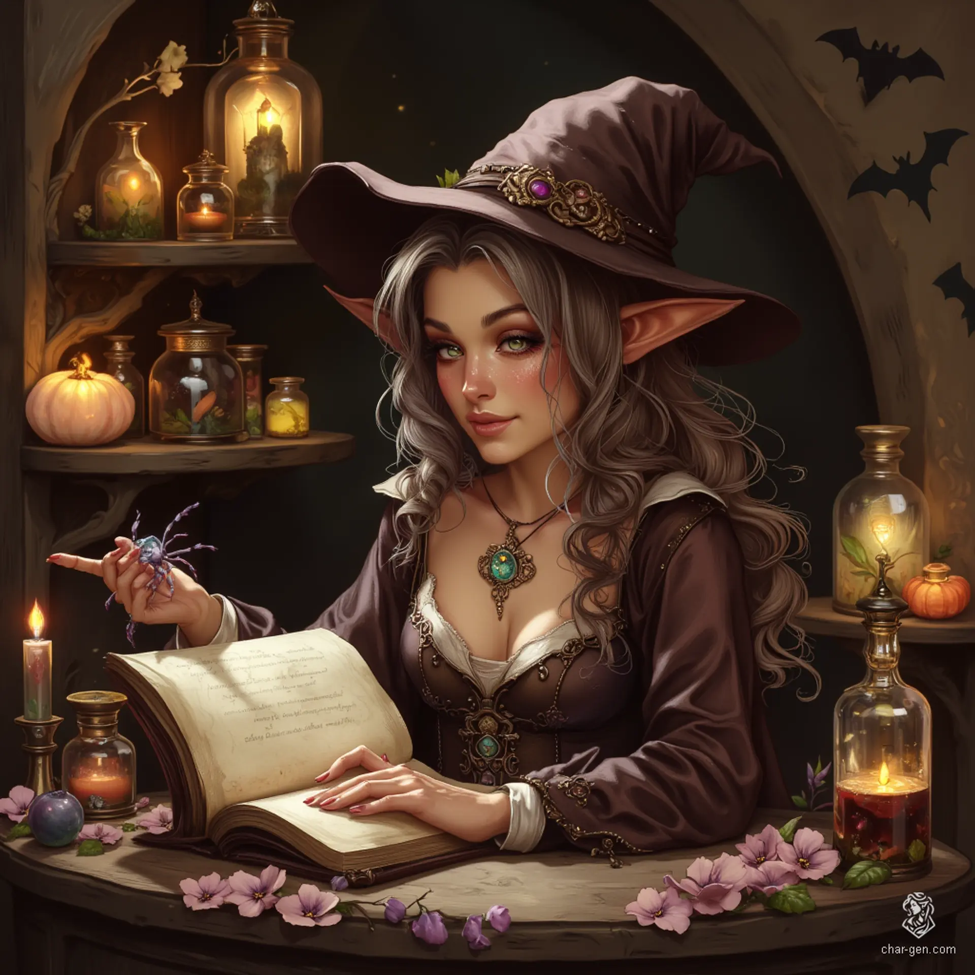 Maryam, the Apothecary Witch, is a wise and charming elf with tanned skin and graceful features marked by gentle wrinkles of age. Her tea-colored hair, streaked with grey, is neatly tied back. With bright topaz eyes behind rimless spectacles, she mixes herbal potions in her cozy lab, accompanied by her spectral spider familiar. Beneath her meticulous exterior lies an adventurous spirit, forever seeking knowledge in the mystical arts.