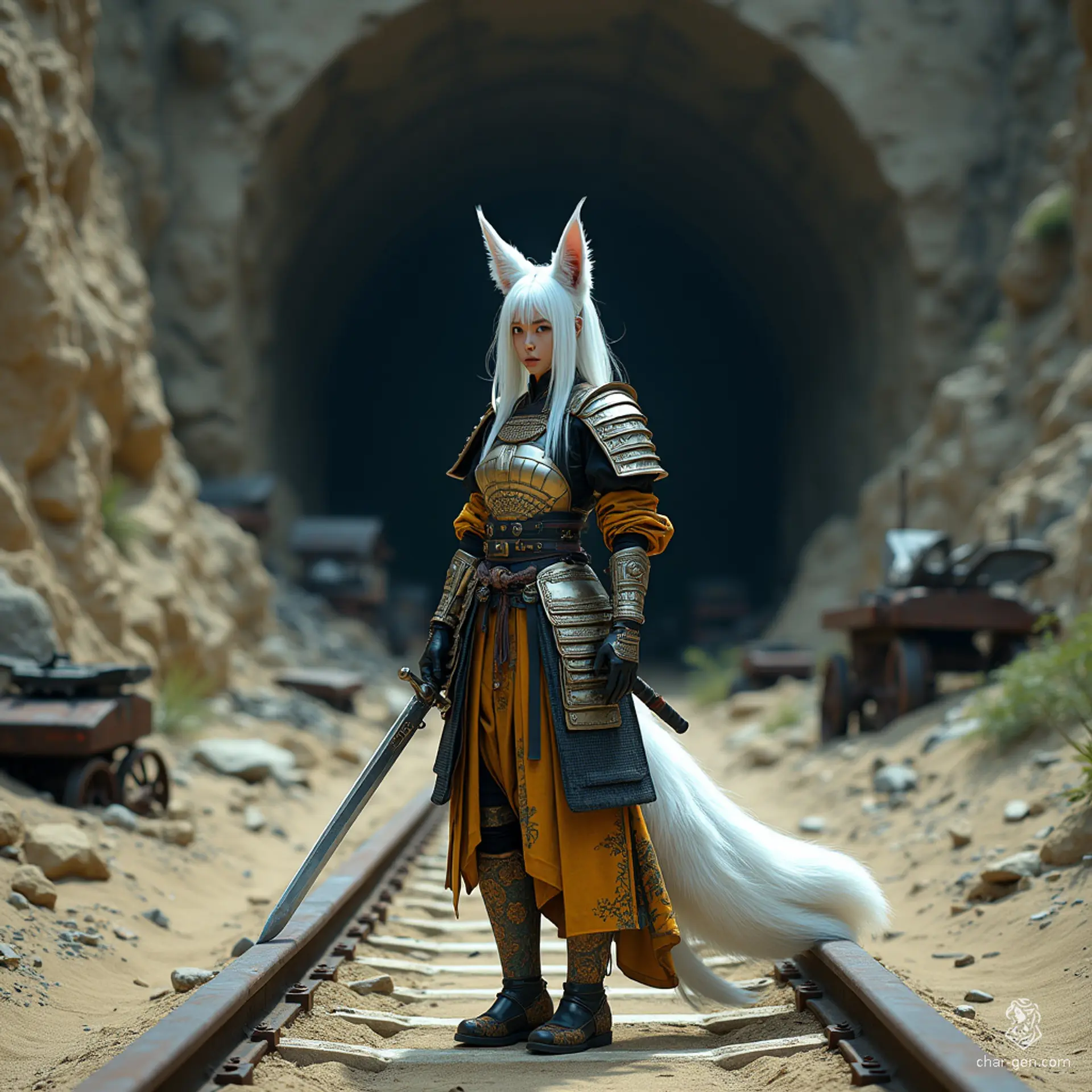 Kitsune is a dignified female paladin, exuding an aura of protection. With fair, tattooed skin and bright white hair, she wears intricate samurai armor. Her striking white fox ears and three elegant tails add to her mystical charm, making her a formidable guardian in any realm.