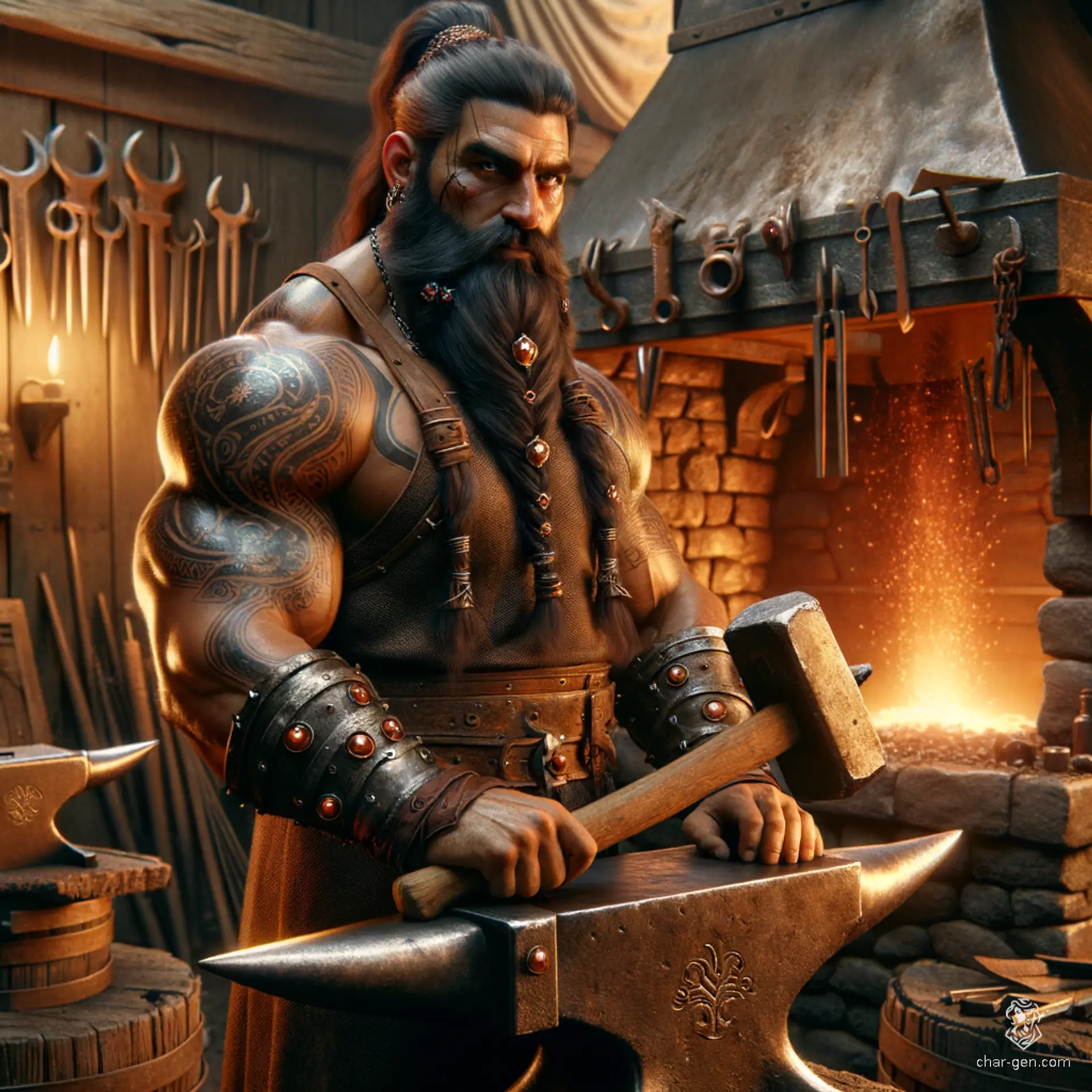 Aka Bloodwyn is a muscular, tan-skinned male dwarf artificer and blacksmith standing at 4'5". With braided dark brown hair, a scarred face, and eyes of steely intensity, he dons intricately crafted dark iron armor adorned with blood-red stones and dwarven motifs.