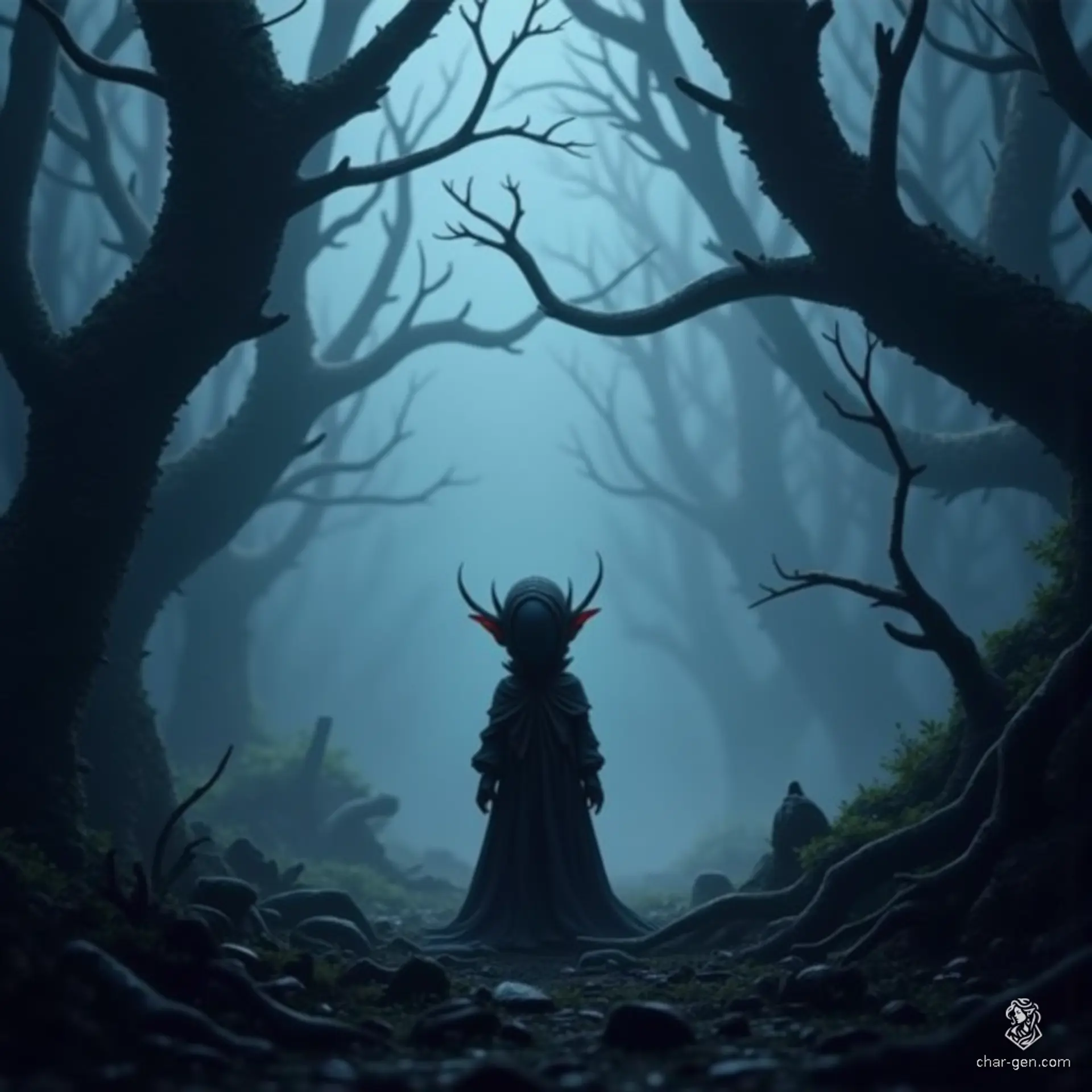 In a dark forest, tiny faceless beings resembling gnomes drift like shadows, their ethereal forms flowing between light and dark. With no features to discern, they float silently before you, black tendrils of smoke whispering through the air, watching with an unsettling stillness.