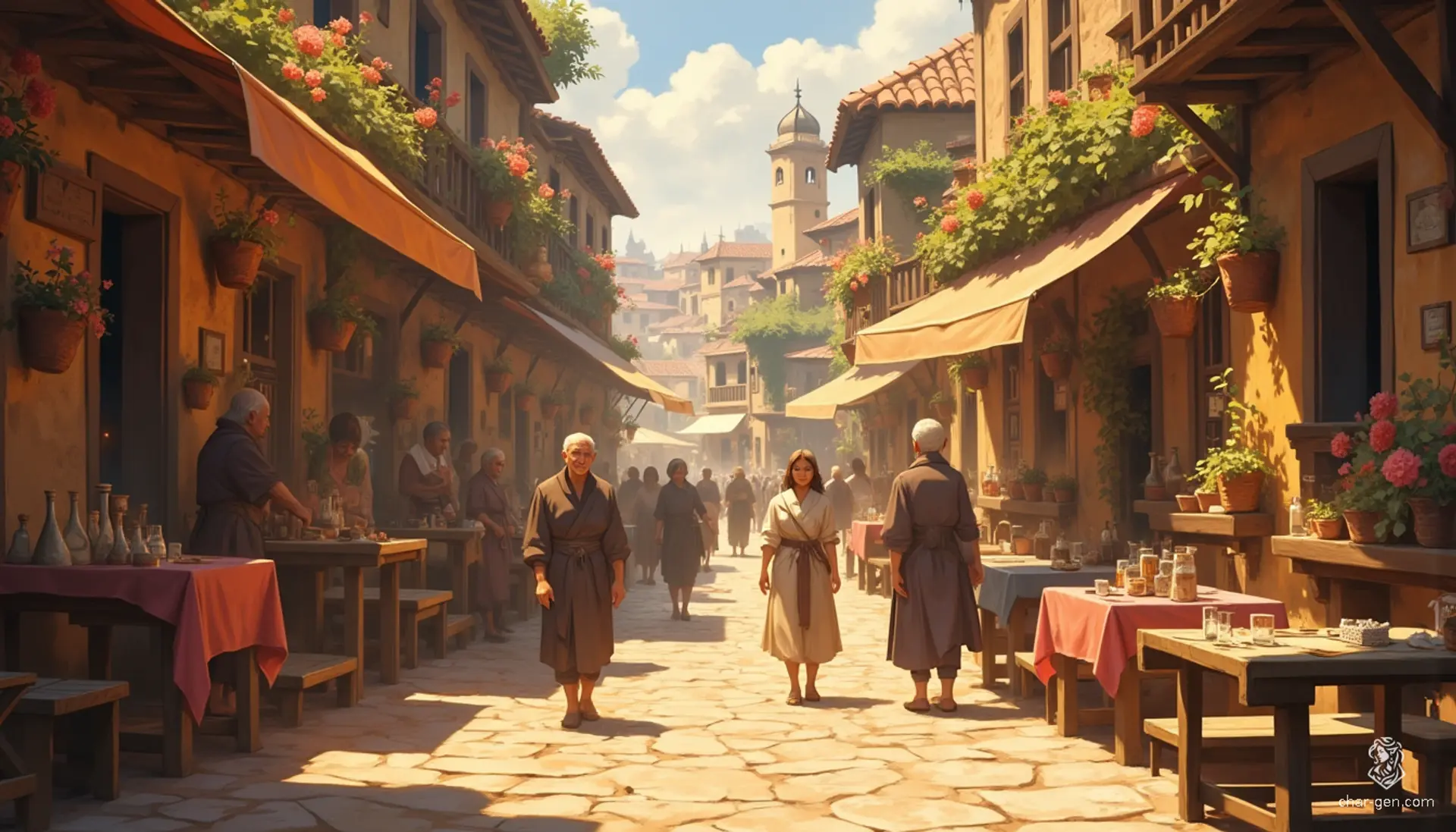 In Westcrown’s central square, golden sunlight bathes weathered cobblestones, casting enchanting shadows. Artisans' creations shimmer amidst hanging flower pots, rich with color. Whispered laughter mingles with a gentle breeze, as the warmth of community breathes life into the city's timeless, faded elegance.