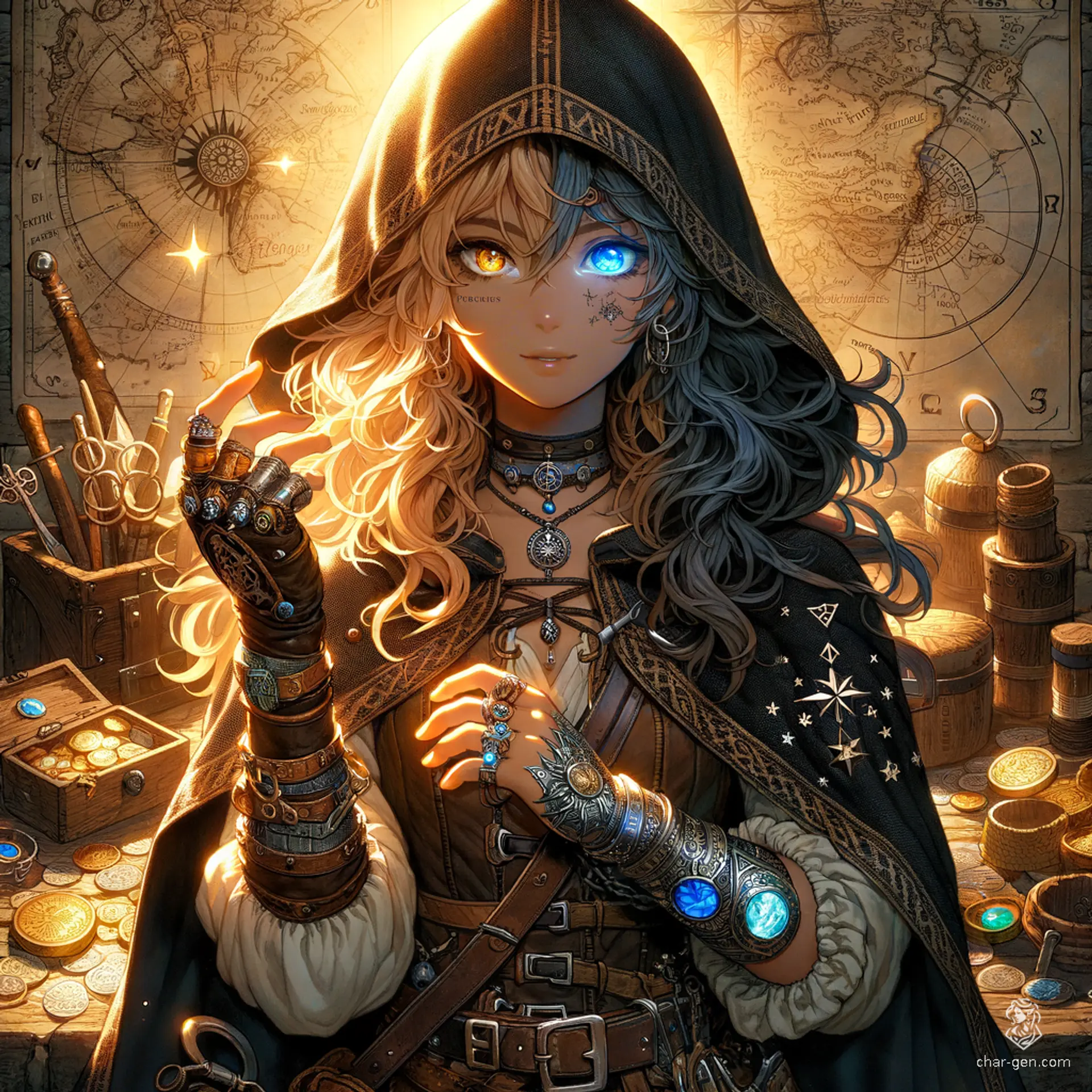 Elenya, a half-elf with a starkly split visage of fair and dark skin, embodies celestial duality—half glowing blue eye with golden curls and the other half golden-hued eye with silver-white hair. Adorned with star and moon tattoos and jewelry, her attire shimmers with cosmic magic, reflecting her mastery over light and dark. Despite her ethereal appearance, she is a hardened bandit, clad in tattered leather armor and carrying a pouch of stolen coins.