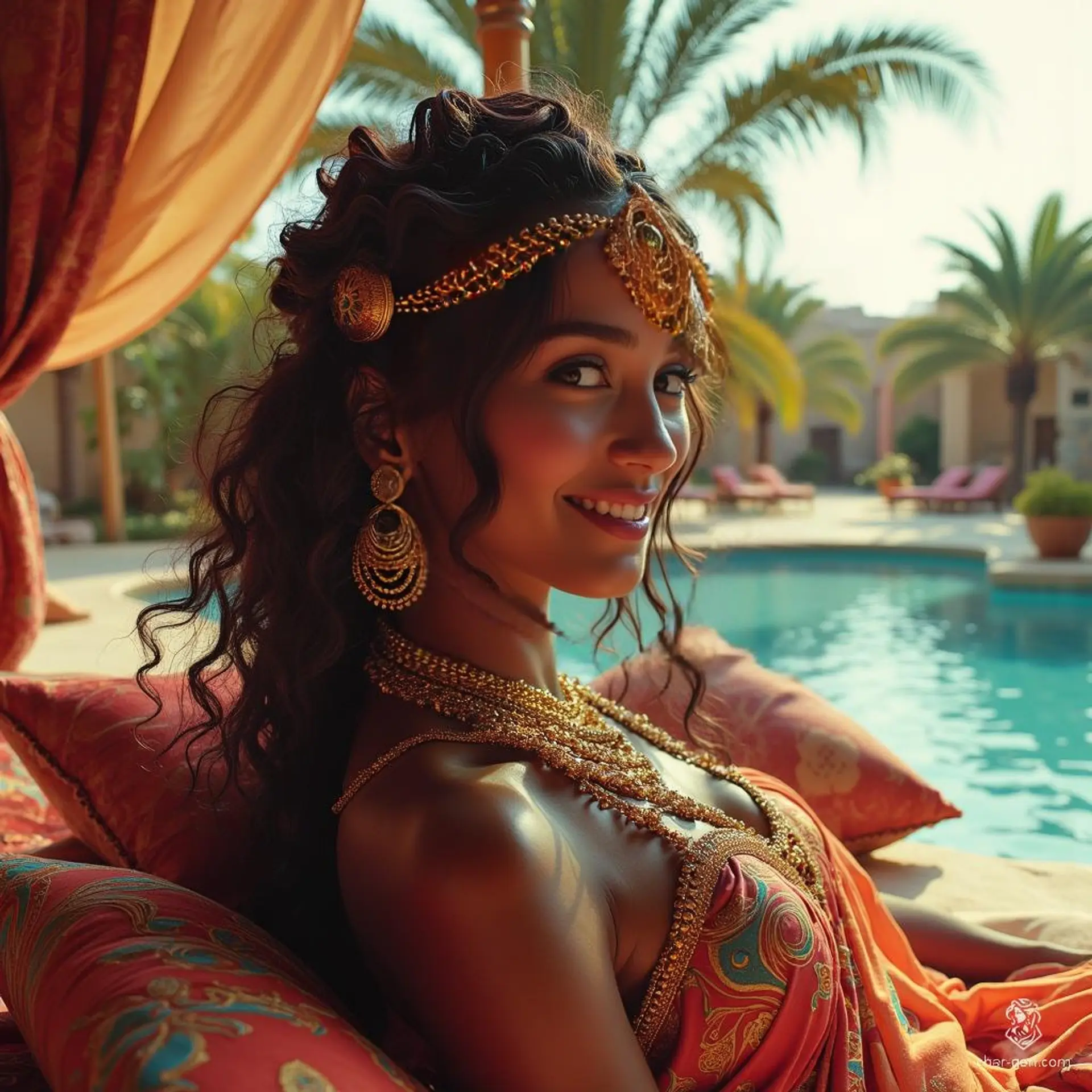 The Nubian princess lounges gracefully in her opulent oasis tent, adorned in vibrant, embroidered silk. With radiant skin and captivating eyes, she exudes wisdom and strength. Surrounded by the scents of her perfumer’s workshop, her golden hair glimmers, embodying elegance amidst nature's beauty.