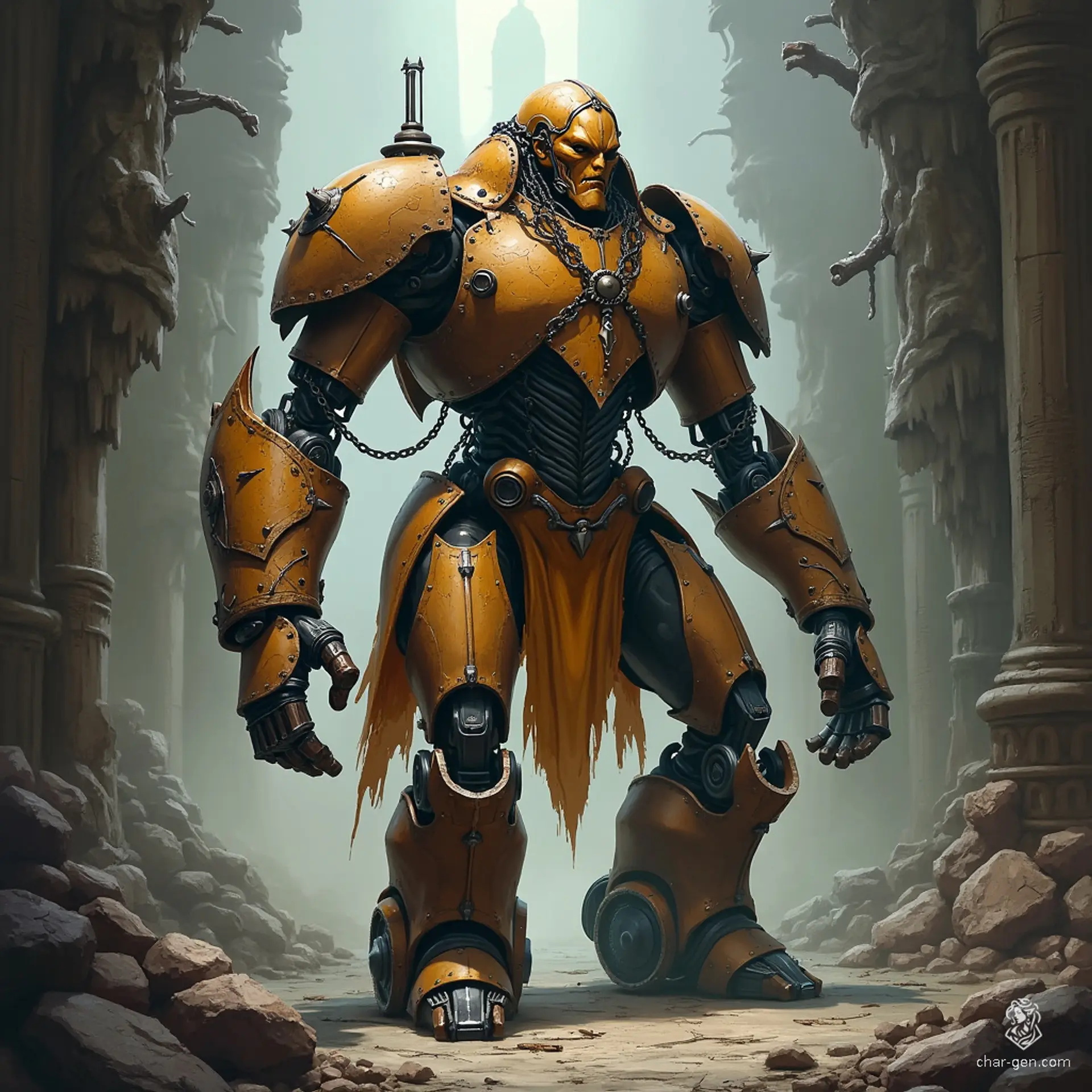 A Warforged Paladin, this medieval fantasy robot, crafted from wood and metal, combines gears, pulleys, and magic. It exudes a dignified aura and protective stance, serving as a steadfast guardian with both physical and mystical strength.