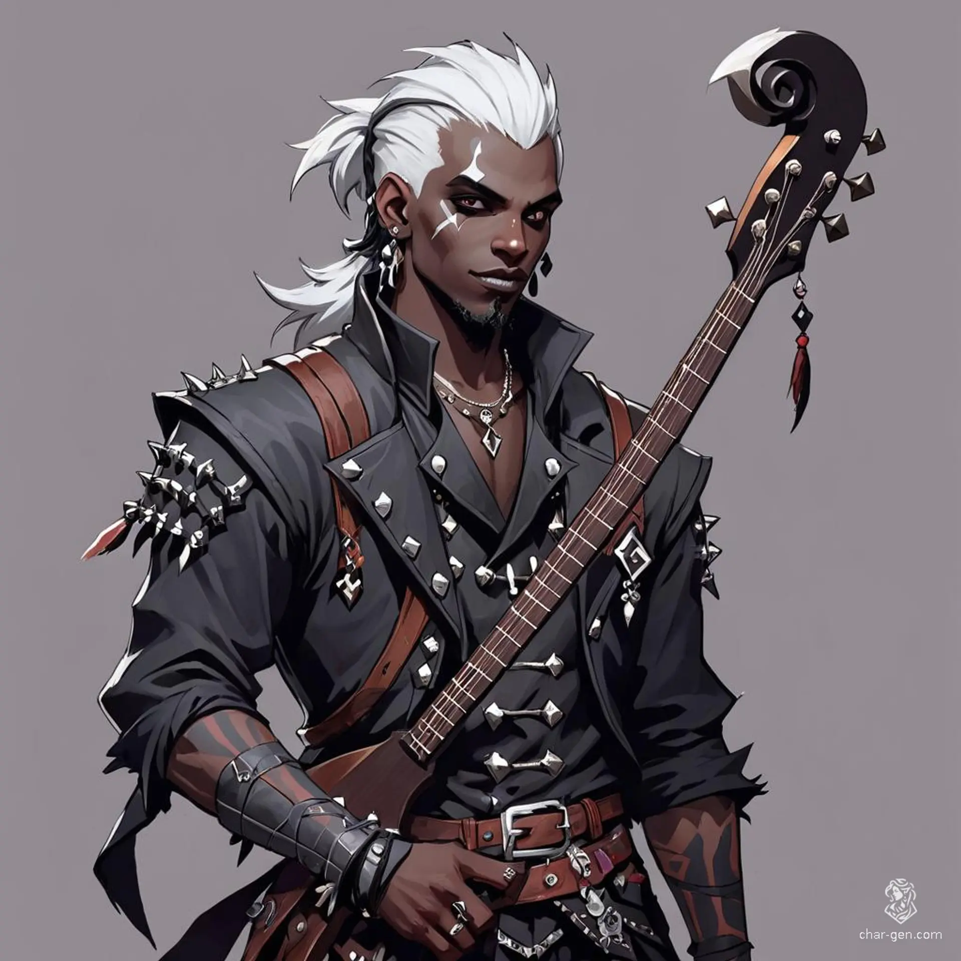 Ryldrin is a rebellious male drow bard, sporting a punk rock look with spiked white hair, leather armor, and multiple piercings. His enchanted lute blares unconventional melodies, striking chords of both magic and defiance. A charismatic outcast, he thrives in the chaos, using music to challenge drow societal norms.