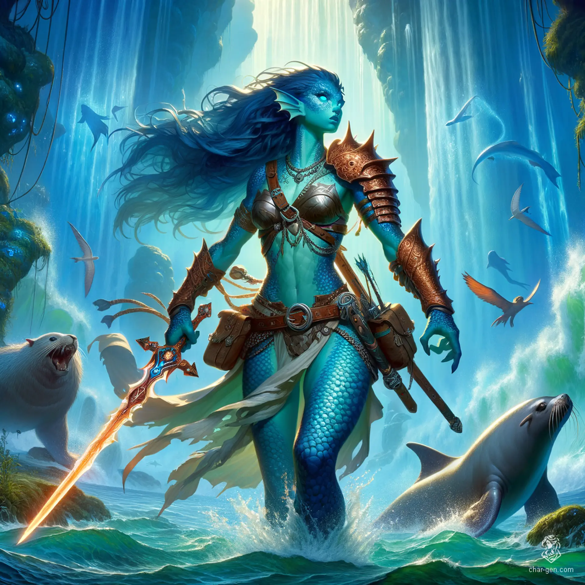 Ehmmalee is a fierce and gorgeous triton ranger with a muscular build. Adorned in gleaming copper chainmail, her noble face radiates strength. With webbed fingers and scaly lower half, she wields a rapier and carries a crossbow, accompanied by her loyal sea lion companion.