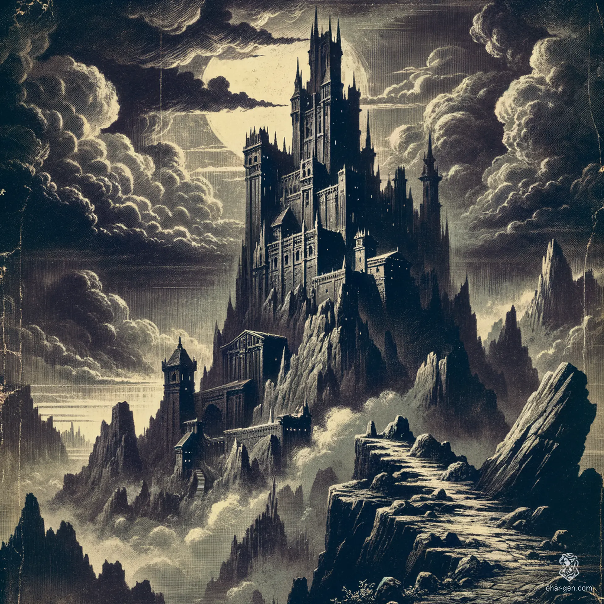 In this dark fantasy landscape, a lone castle perches atop a menacing mountain, enveloped in dramatic shadows and intricate gothic detailing. The grainy, muted palette, along with high-contrast, moody lighting, creates a haunting, atmospheric scene that evokes the eerie essence of 1970s Dungeons & Dragons art.