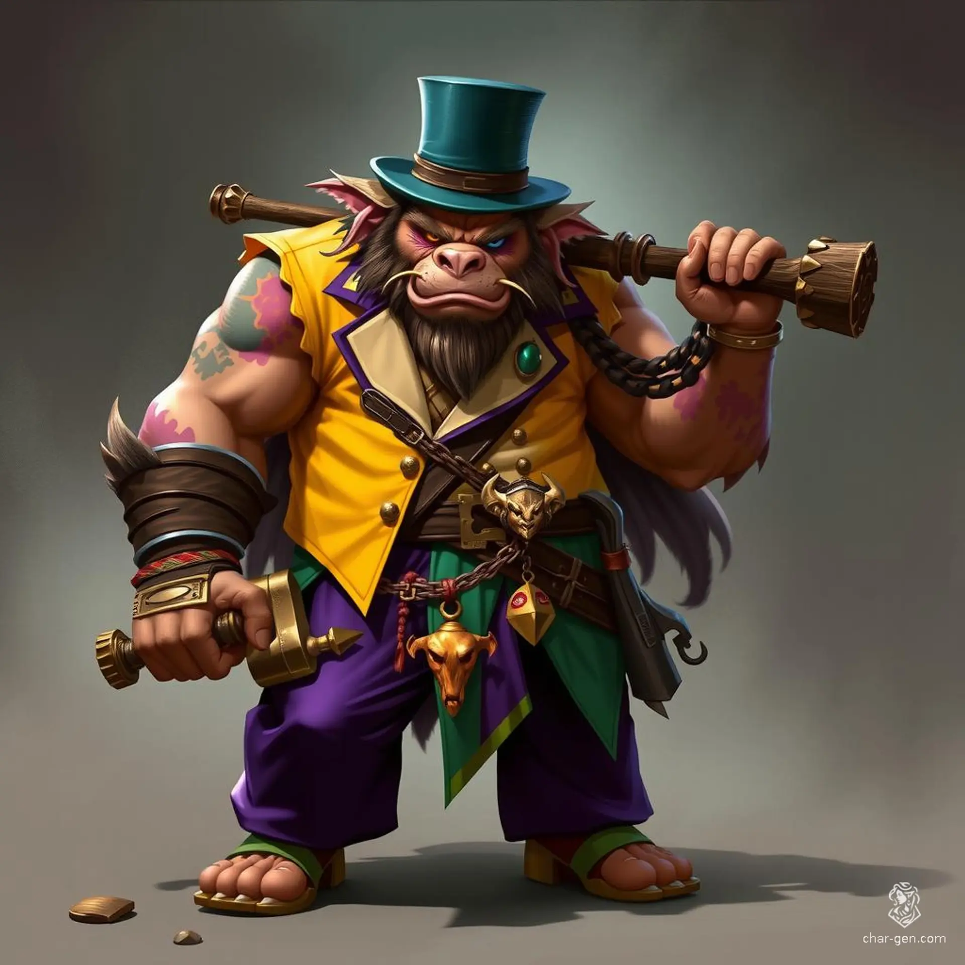 Krom, a hulking Bugbear barbarian, wields a trusty maul and boasts reddish-brown fur splotches and battle scars. He dons a fancy top hat, a loud yellow suit jacket, and vibrant purple and green baggy pants. His belt showcases trophies from his many heroic slayings.