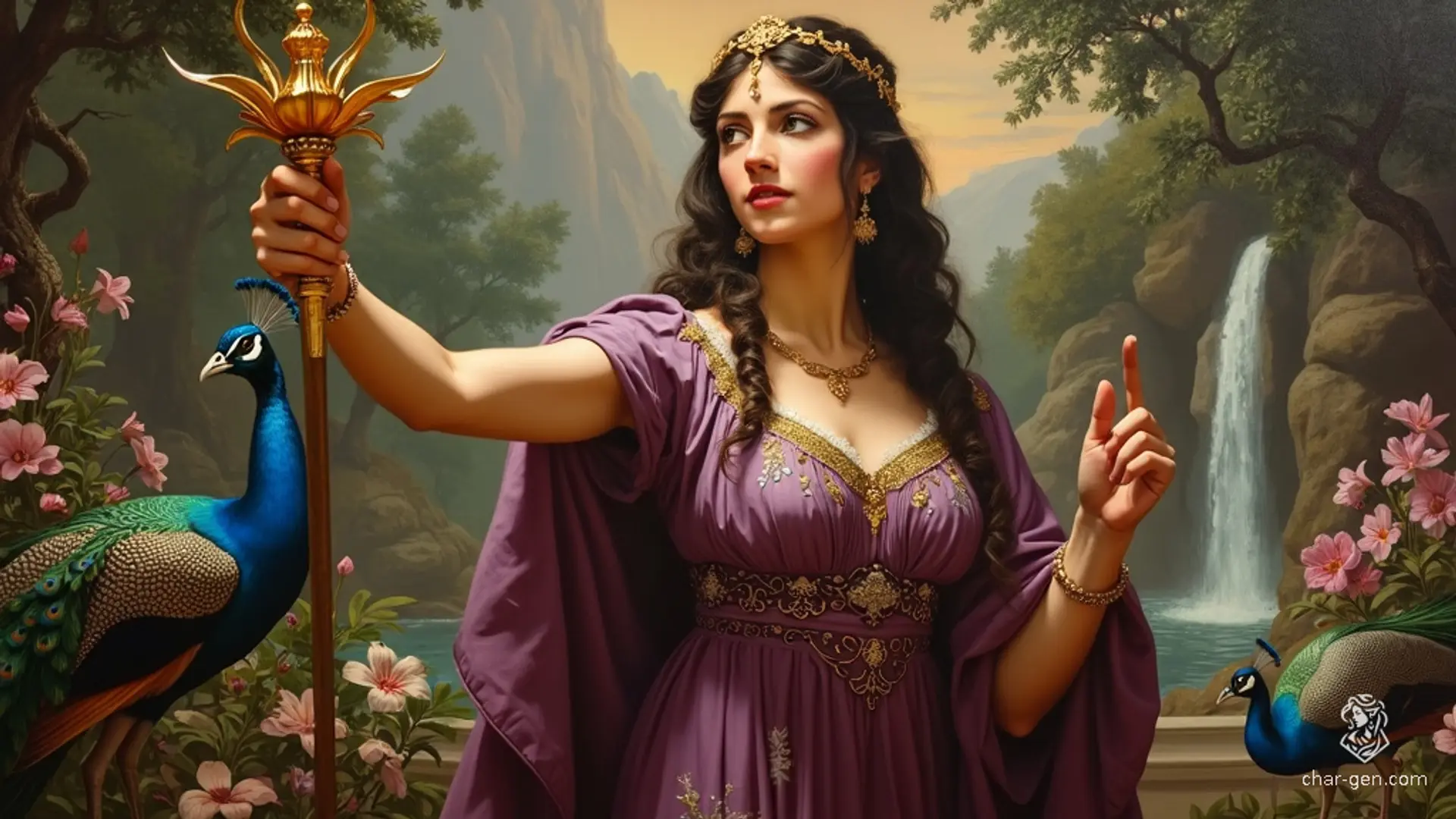 Hera, a divine Aasimar Paladin, stands regally, emanating a dignified aura with a subtle, holy glow. Her espresso-brown hair, intricately braided, cascades over her shoulders. Dressed in a deep purple gown with gold embroidery, her sharp, commanding eyes and radiant skin reflect her celestial elegance. A golden diadem crowns her head, emphasizing her queenly authority.